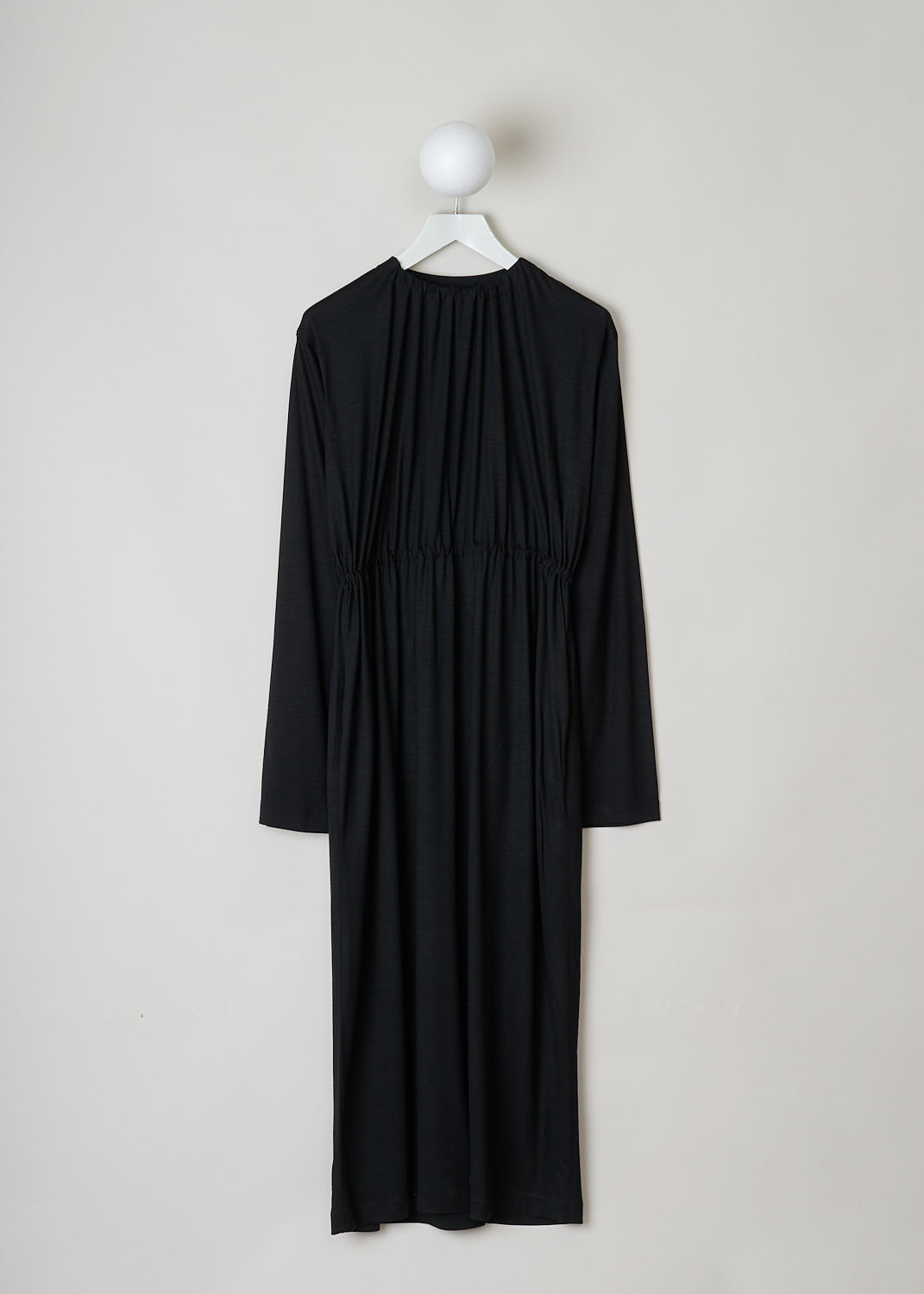 SOFIE Dâ€™HOORE, LONG SLEEVE BLACK DRESS, DARA_WOJE_BLACK, Black, Front, This black maxi dress features a gathered elasticated neckline. The waist is also elasticated, cinching in the waist. Slant pockets can be found concealed in the seam.

