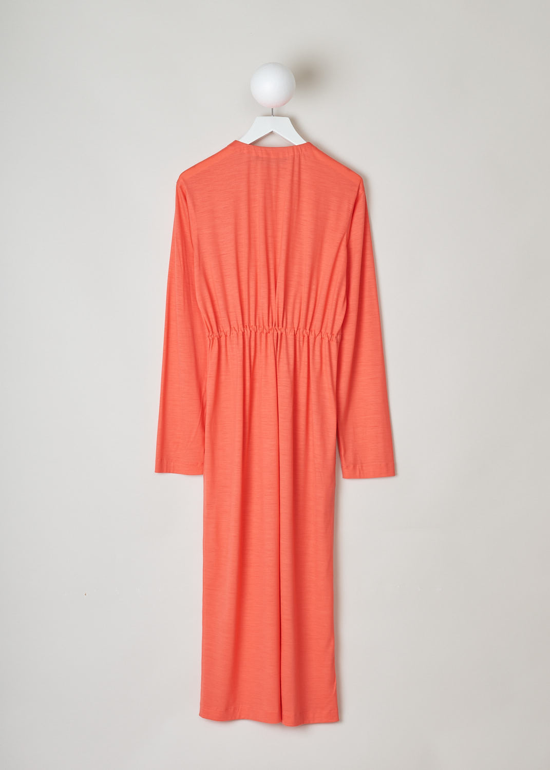 SOFIE Dâ€™HOORE, LONG SLEEVE CORAL DRESS, DARA_WOJE_CORAL, Pink, Orange, Back, This coral colored maxi dress features a gathered elasticated neckline. The waist is also elasticated, cinching in the waist. Slant pockets can be found concealed in the seam.
