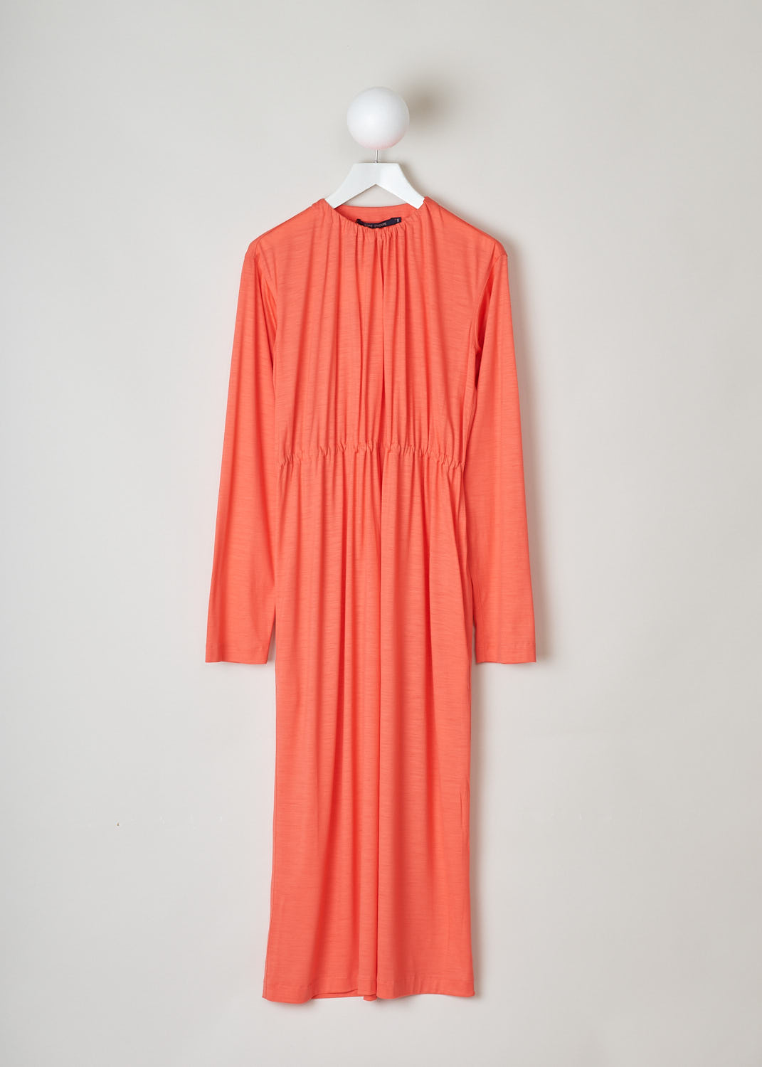 SOFIE Dâ€™HOORE, LONG SLEEVE CORAL DRESS, DARA_WOJE_CORAL, Pink, Orange, Front, This coral colored maxi dress features a gathered elasticated neckline. The waist is also elasticated, cinching in the waist. Slant pockets can be found concealed in the seam.
