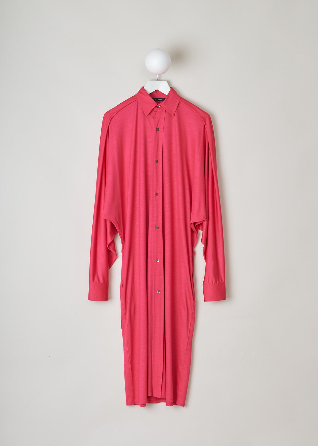 SOFIE Dâ€™HOORE, FUCHSIA COLORED SHIRT DRESS, DUMAS_WOJE_FUCHSIA, Pink, Front, This mid-length fuchsia shirt dress features a classic collar, front button closure and dolman sleeves with buttoned cuffs. Side pockets can be found concealed in the seam.

