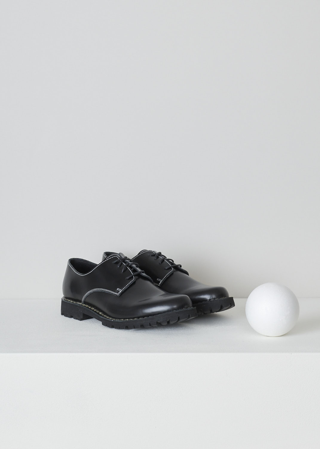 SOFIE Dâ€™HOORE, BLACK DERBY SHOES WITH WHITE STITCHING, FILOS_LJAZ_BLACK,  Black, Front, These black leather derby shoes have a round nose and a classic lace-up closing with black laces. Contrasting white stitching is used throughout. The shoes have sturdy Vibram soles. 
