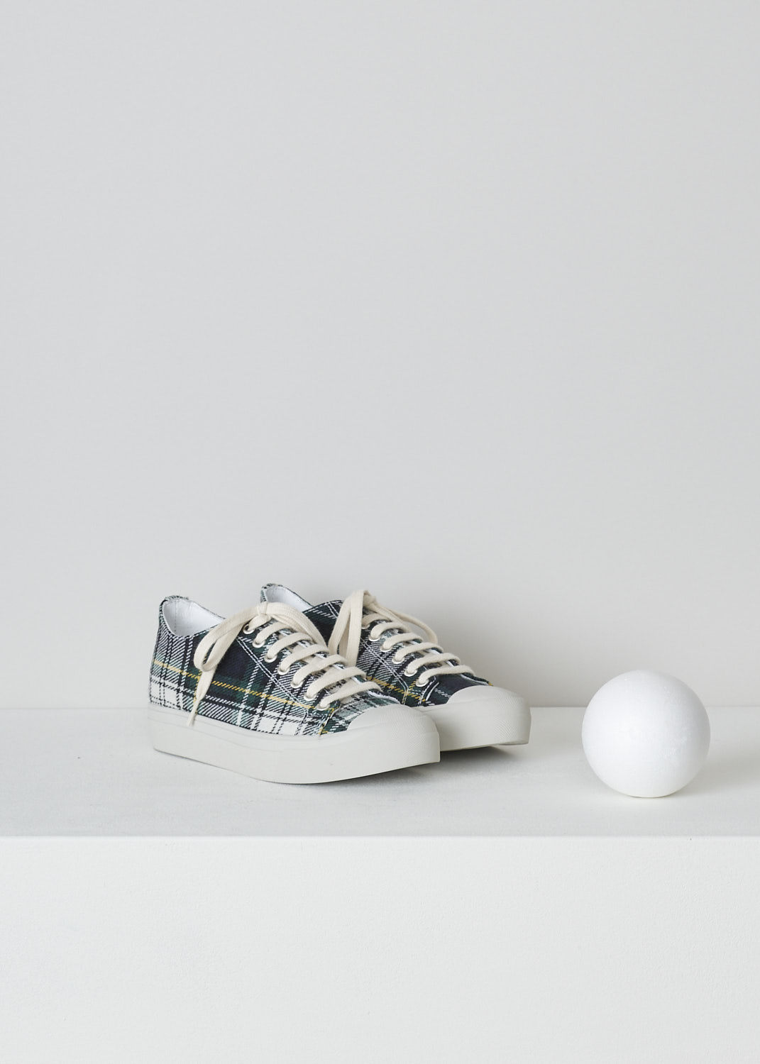 SOFIE Dâ€™HOORE, BLUE AND YELLOW TARTAN LOW TOP SNEAKERS, FOLK_WSCOT_TARTAN_3, Grey, Yellow, Print, Front, These low top sneakers with blue and yellow tartan print feature front lace-up fastening with white laces. These sneakers have a round toe with a white rubber toe cap. These shoes have white rubber soles.
