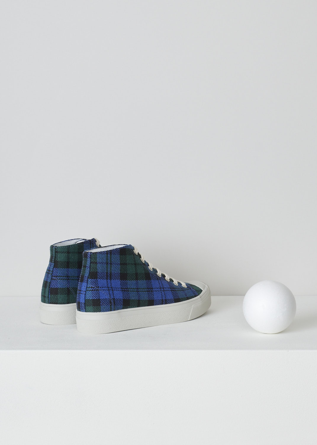 SOFIE Dâ€™HOORE, BLUE AND GREEN TARTAN SNEAKERS, FOSTER_WSCOT_TARTAN_5, Green, Blue, Print, Back, These high top sneakers with blue and green tartan print feature front lace-up fastening with white laces. These sneakers have a round toe with a white rubber toe cap. These shoes have white rubber soles.
  
