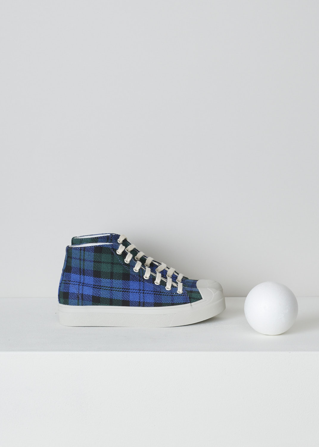 SOFIE Dâ€™HOORE, BLUE AND GREEN TARTAN SNEAKERS, FOSTER_WSCOT_TARTAN_5, Green, Blue, Print, Side, These high top sneakers with blue and green tartan print feature front lace-up fastening with white laces. These sneakers have a round toe with a white rubber toe cap. These shoes have white rubber soles.
  
