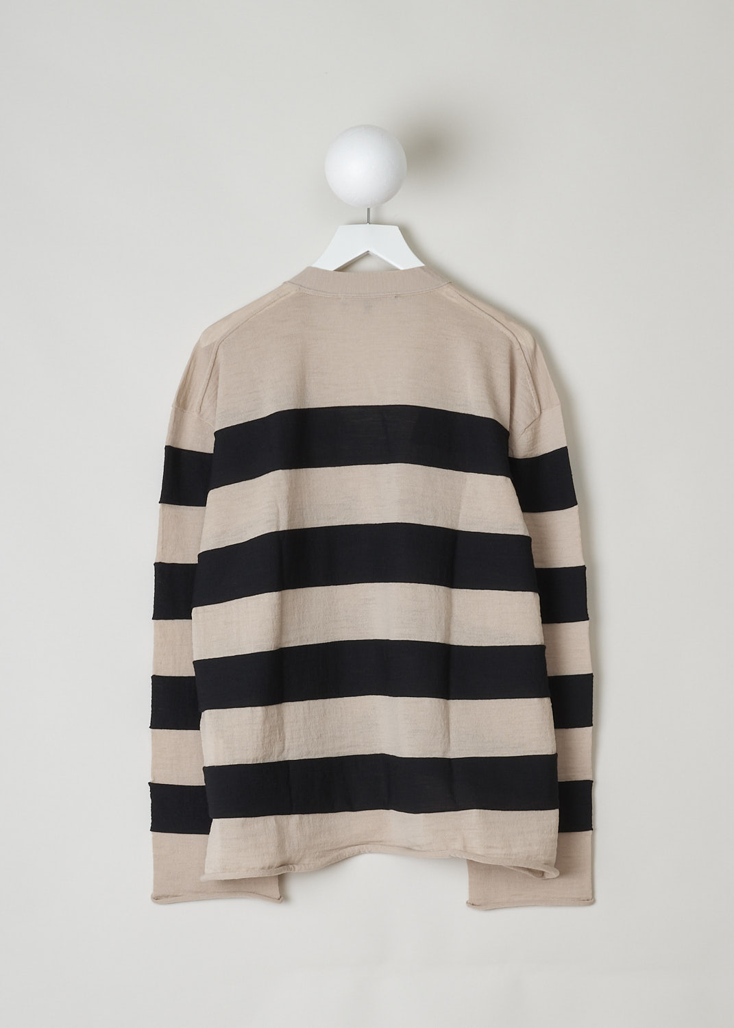 SOFIE D’HOORE, BEIGE AND BLACK STRIPED CARDIGAN, MANIA_YFIMBI_SAAND_BLACK, Beige, Black, Back, This beige and black striped wool cardigan has a V-neckline and a front button closure. The cuffs and hemline have a rolled hemline. The cardigan has a wider silhouette. 
