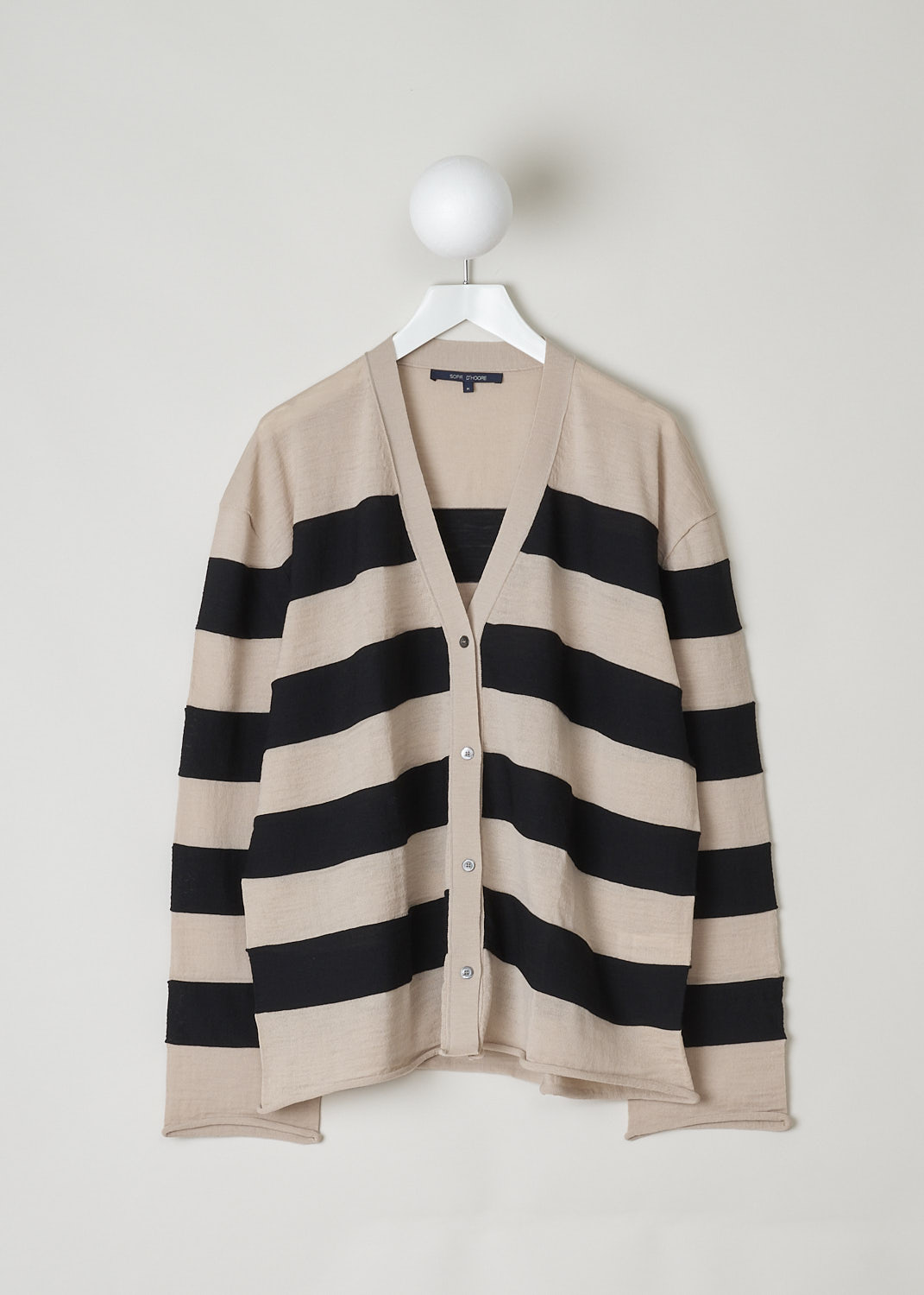 SOFIE D’HOORE, BEIGE AND BLACK STRIPED CARDIGAN, MANIA_YFIMBI_SAAND_BLACK, Beige, Black, Front, This beige and black striped wool cardigan has a V-neckline and a front button closure. The cuffs and hemline have a rolled hemline. The cardigan has a wider silhouette. 
