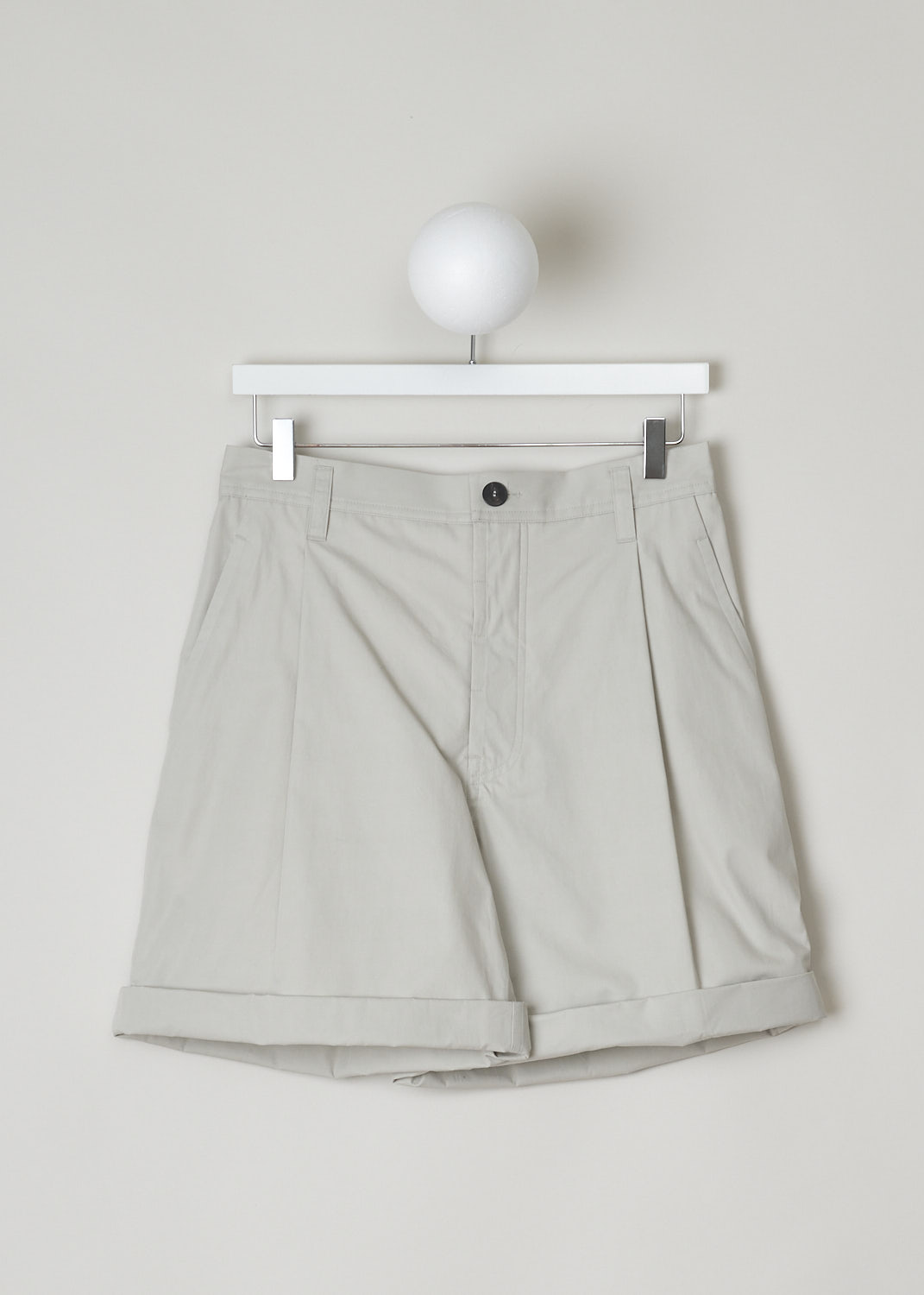 SOFIE Dâ€™HOORE, GREY HIGH-WAISTED SHORTS, PENNY_COSY_STONE, Grey, Front, These grey high-waisted shorts have belt loops and a concealed front button closure, with a single button visible on the waistband. These shorts have slanted pockets in the front and a single welt pocket in the back. The pant legs have a single box pleat and have a folded hem that can be unfolded.   
