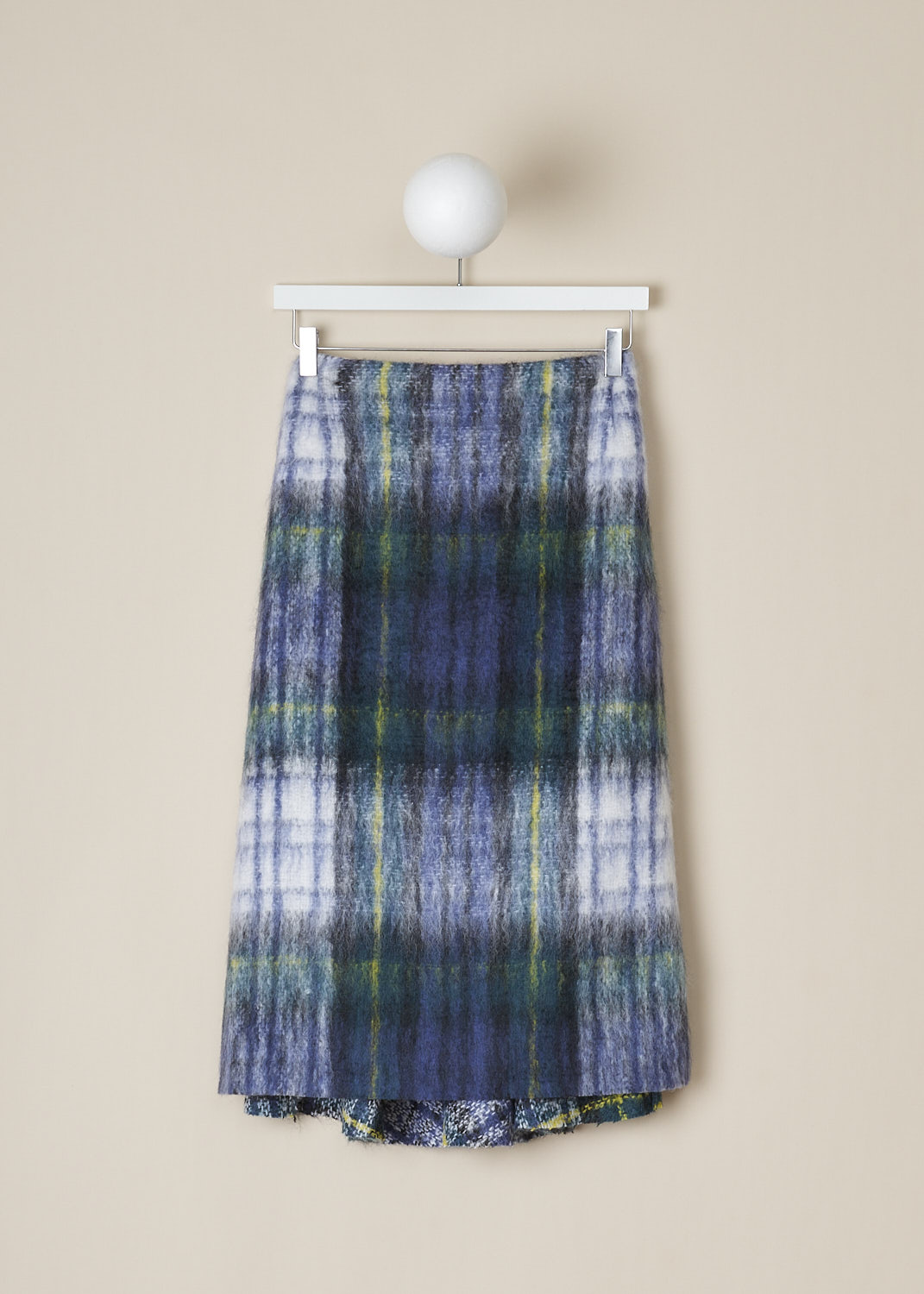 SOFIE Dâ€™HOORE, GREEN TARTAN SECRET SKIRT, SECRET_WOMO_GREEN_TARTAN, Green, blue, Print, Front, This mohair-blend A-line Secret skirt has a green tartan pattern. The skirt has a concealed side zip. In the back, the skirt has soft centre pleating. The skirt has slightly asymmetrical hemline, with the coarse side of the plaid peeking out. The skirt is fully lined. 
