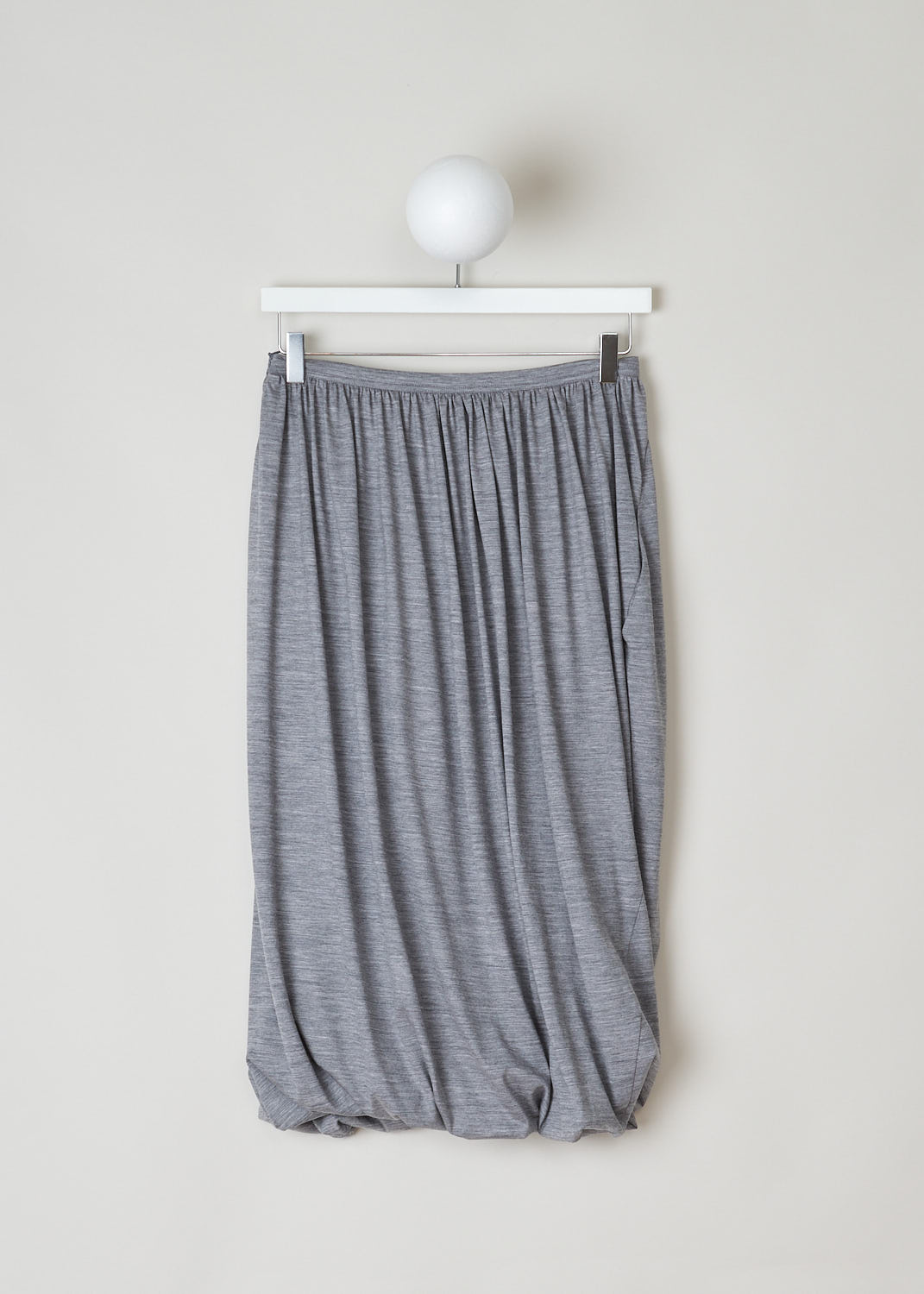 SOFIE Dâ€™HOORE, HEATHER GREY BALLOON SKIRT, SAOLA_WOJE_LIGHT_GREY_MELA, Grey, Back, This twisted balloon skirt in heather grey features a concealed side zip. A single side pocket can be found concealed in the seam.
