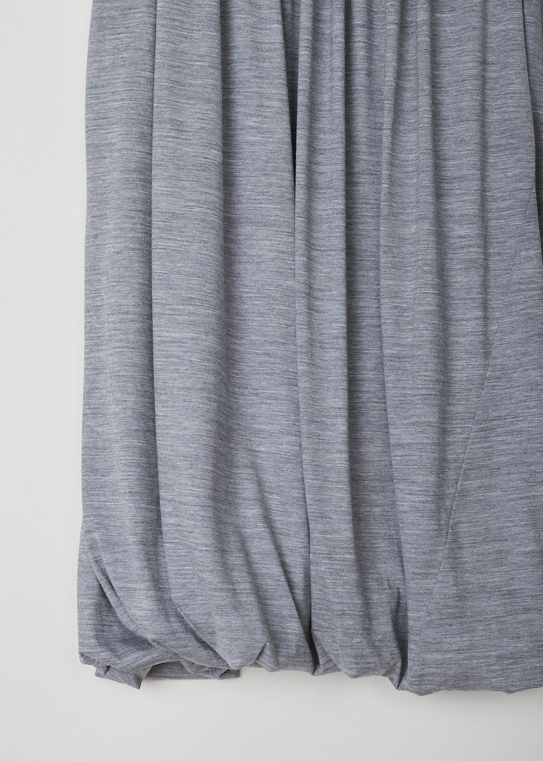 SOFIE Dâ€™HOORE, HEATHER GREY BALLOON SKIRT, SAOLA_WOJE_LIGHT_GREY_MELA, Grey, Detail, This twisted balloon skirt in heather grey features a concealed side zip. A single side pocket can be found concealed in the seam.
