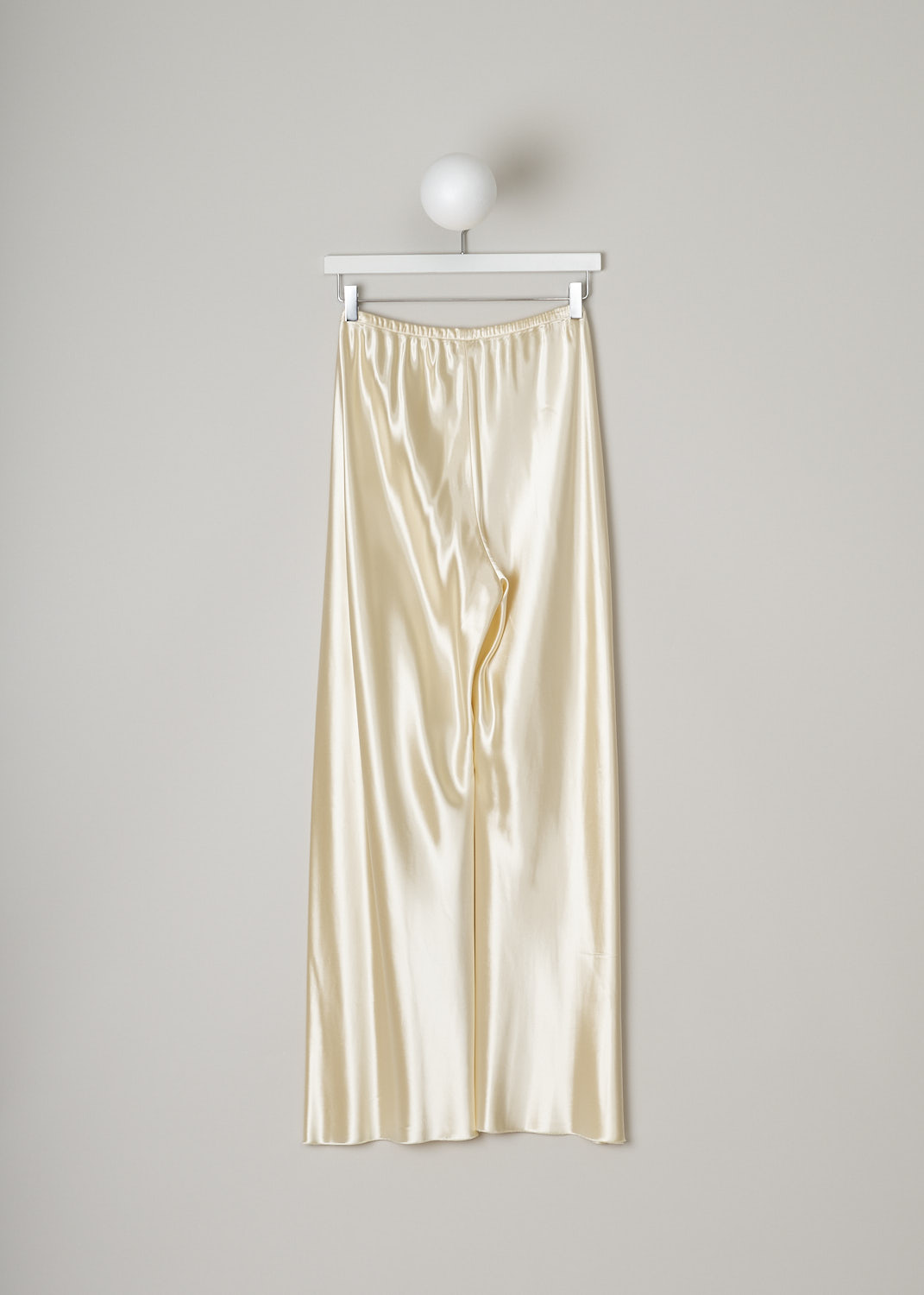 THE ROW, SATIN GALA PANTS IN VANILLA, GALA_PANT_1766W1723_VANILLA, Beige, Back, These vanilla yellow smooth satin pants have a narrow elasticated waistline. The pants have straight loose pant legs.  
