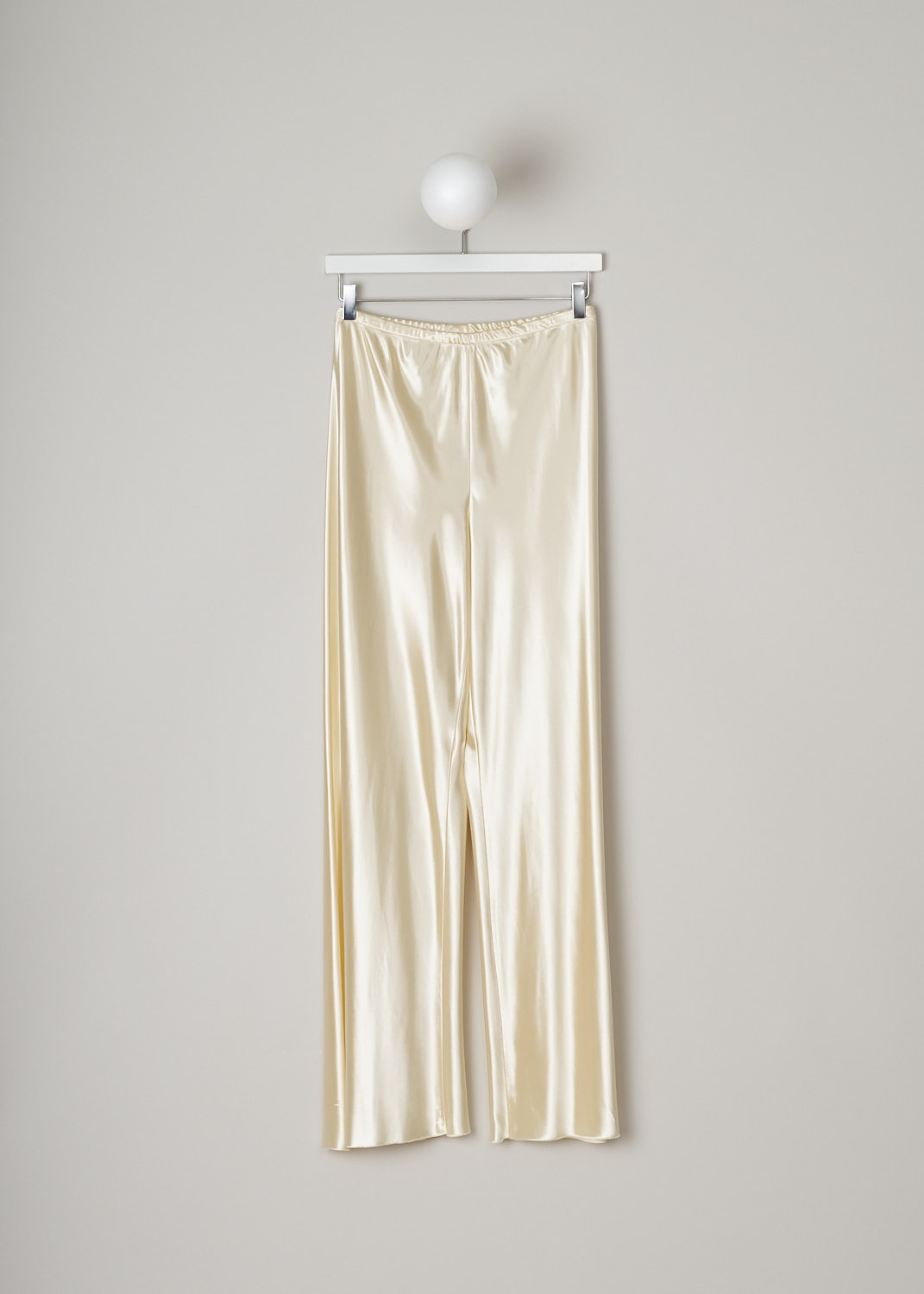THE ROW, SATIN GALA PANTS IN VANILLA, GALA_PANT_1766W1723_VANILLA, Beige, Front, These vanilla yellow smooth satin pants have a narrow elasticated waistline. The pants have straight loose pant legs.  
