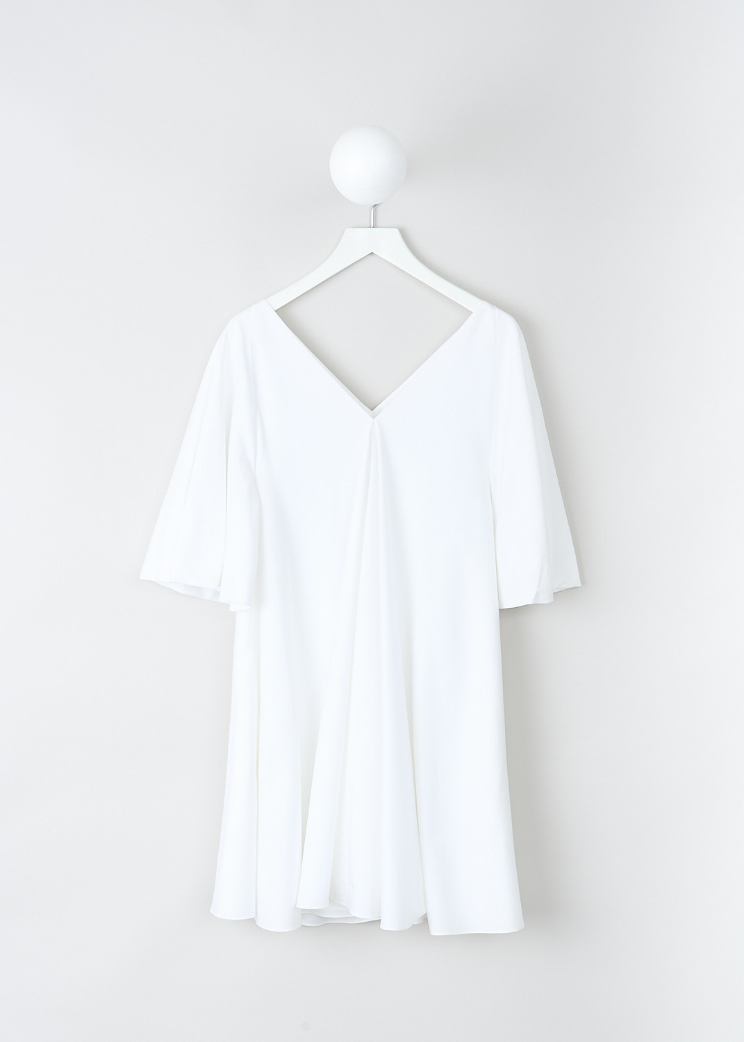 The Row, Lianne dress in Optic White, LIANNE_DRESS_3773N_W1017_OPTIC_WHITE, White, Front, This Optic White Lianne midi dress has a V-neck and back. The dress has short bell sleeves and an A-line silhouette.  The hemline is straight.
