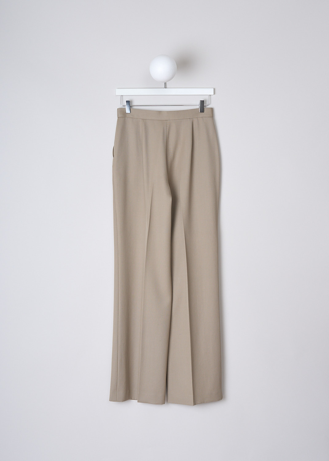 THE ROW, KHAKI MAILAN PANTS, MAILAN_PANT_3053AW695, Beige, Back, These high-waisted khaki pants have a waistband with a concealed hook, button and zip closure. Slanted pockets are concealed in the side seams. The pant legs have pressed centre creases front and back. 
