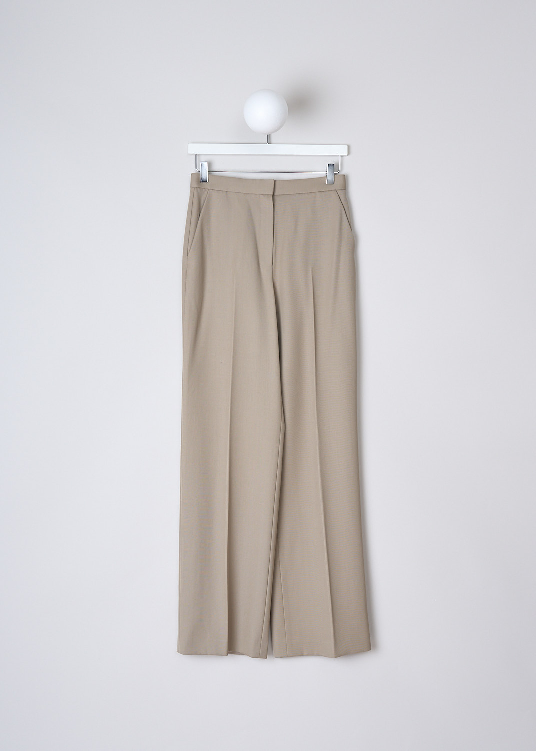 THE ROW, KHAKI MAILAN PANTS, MAILAN_PANT_3053AW695, Beige, Front, These high-waisted khaki pants have a waistband with a concealed hook, button and zip closure. Slanted pockets are concealed in the side seams. The pant legs have pressed centre creases front and back. 
