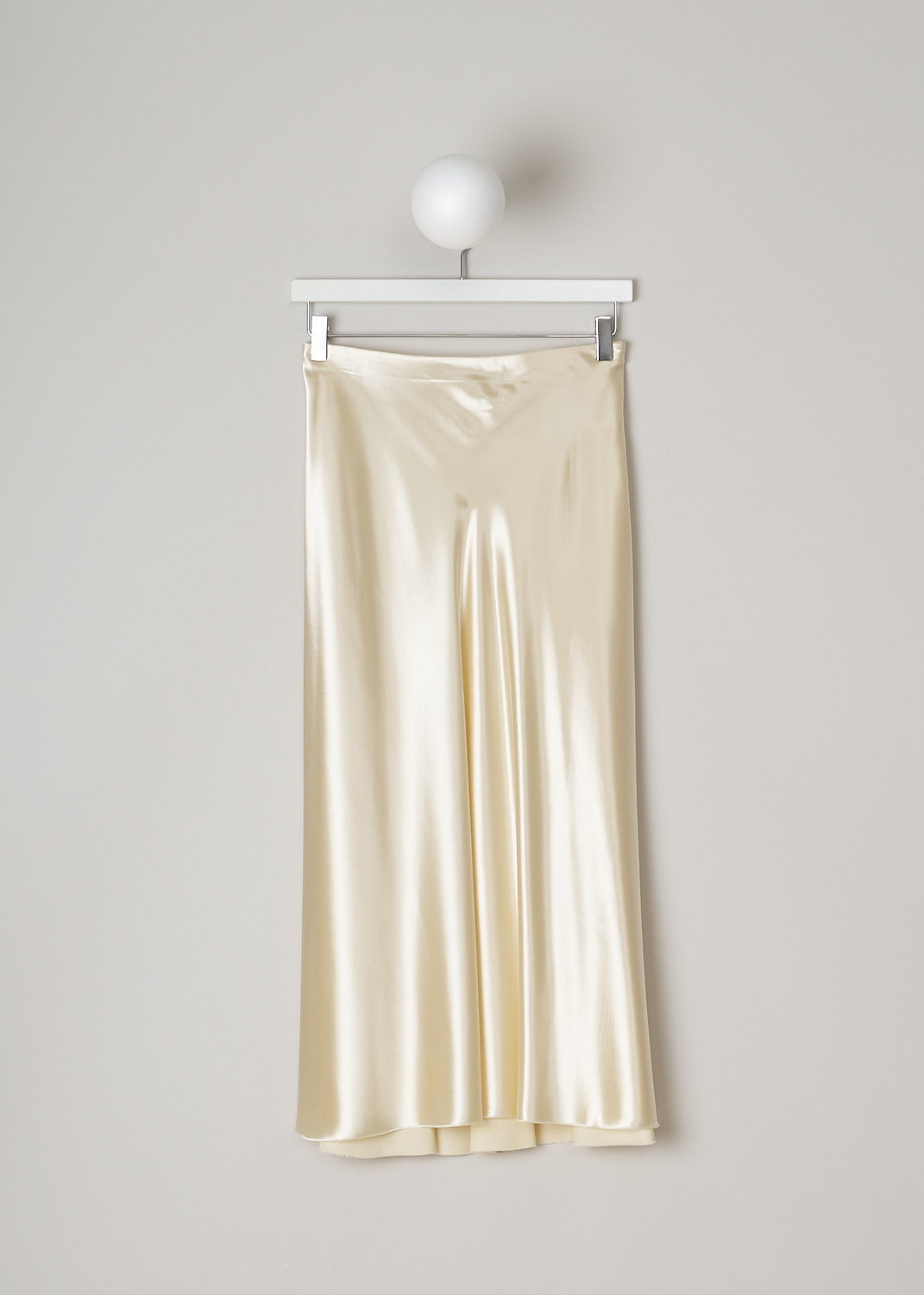 THE ROW, SATIN MEDELA SKIRT IN VANILLA, MEDELA_SKIRT_I068WI_723_VANILLA, Beige, White, Front, This flared vanilla yellow satin skirt has an elasticated waistband and a concealed side zip that functions as the closure option. The skirt has an asymmetrical hemline with a raw finish. 


