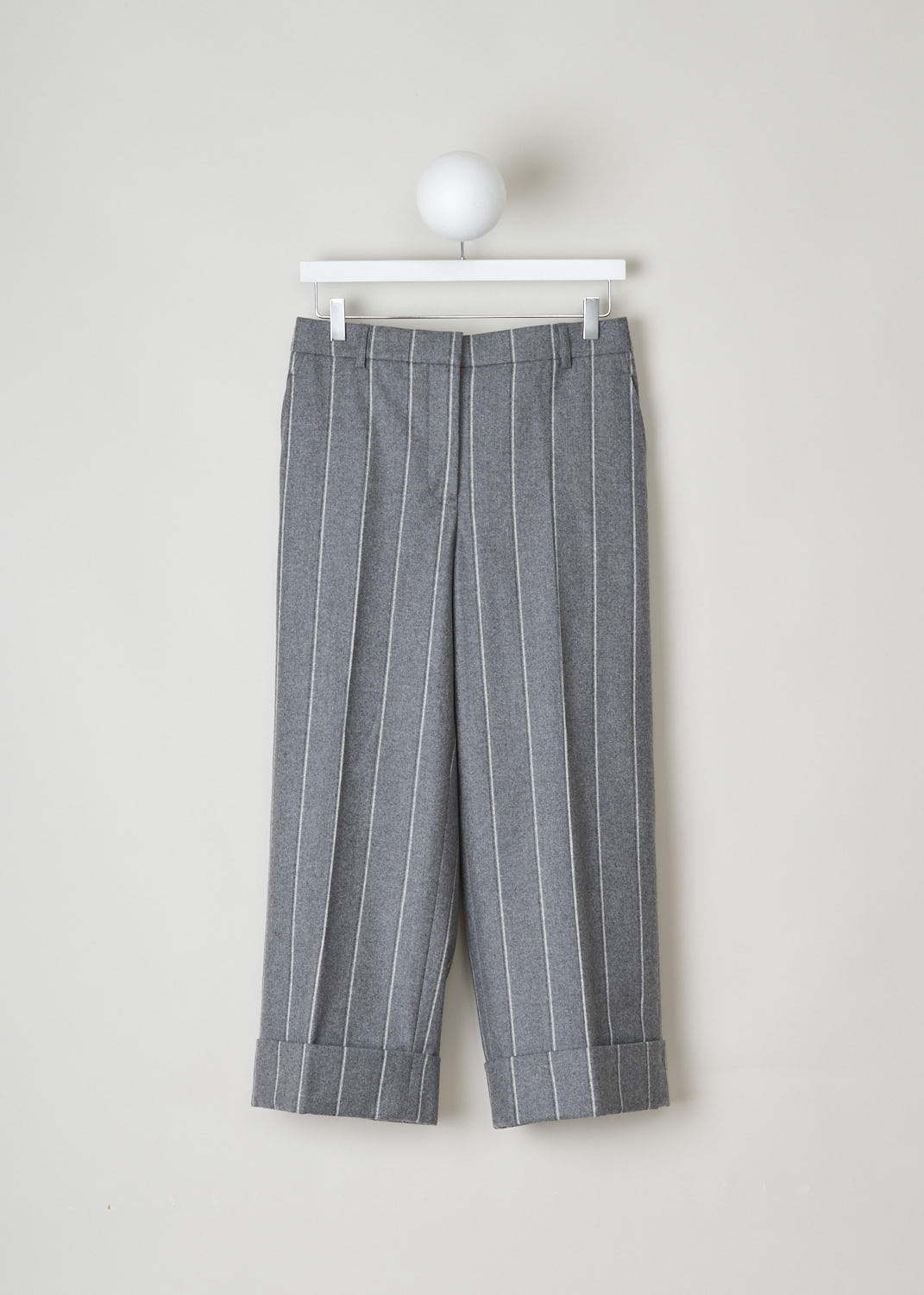 THOM BROWNE, WOOL FLANNEL STRIPED TROUSERS, FTC160A_05019_035_MED_GREY, Grey, Print, Front, These heather grey, striped trousers have belt loops and a clap a zip closure They feature slanted pockets in the front and buttoned welt pockets in the back. The pant legs end in broad, folded hem. 
