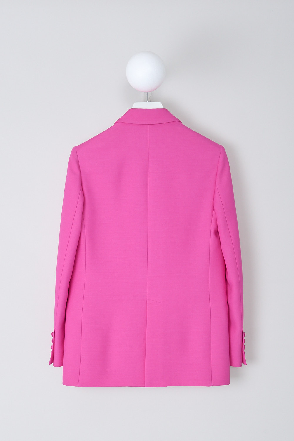 VALENTINO, PINK PP DOUBLE-BREASTED CRÊPE COUTURE JACKET, 1B0CE3F41CF_UWT, Pink, Back, This Pink PP crêpe couture jacket has a peaked lapel and double-breasted front button closure. The long sleeves have buttoned cuffs. The jacket has two flap welt pockets in the front. In the back, the jacket has a centre vent. The jacket is fully lined.  
