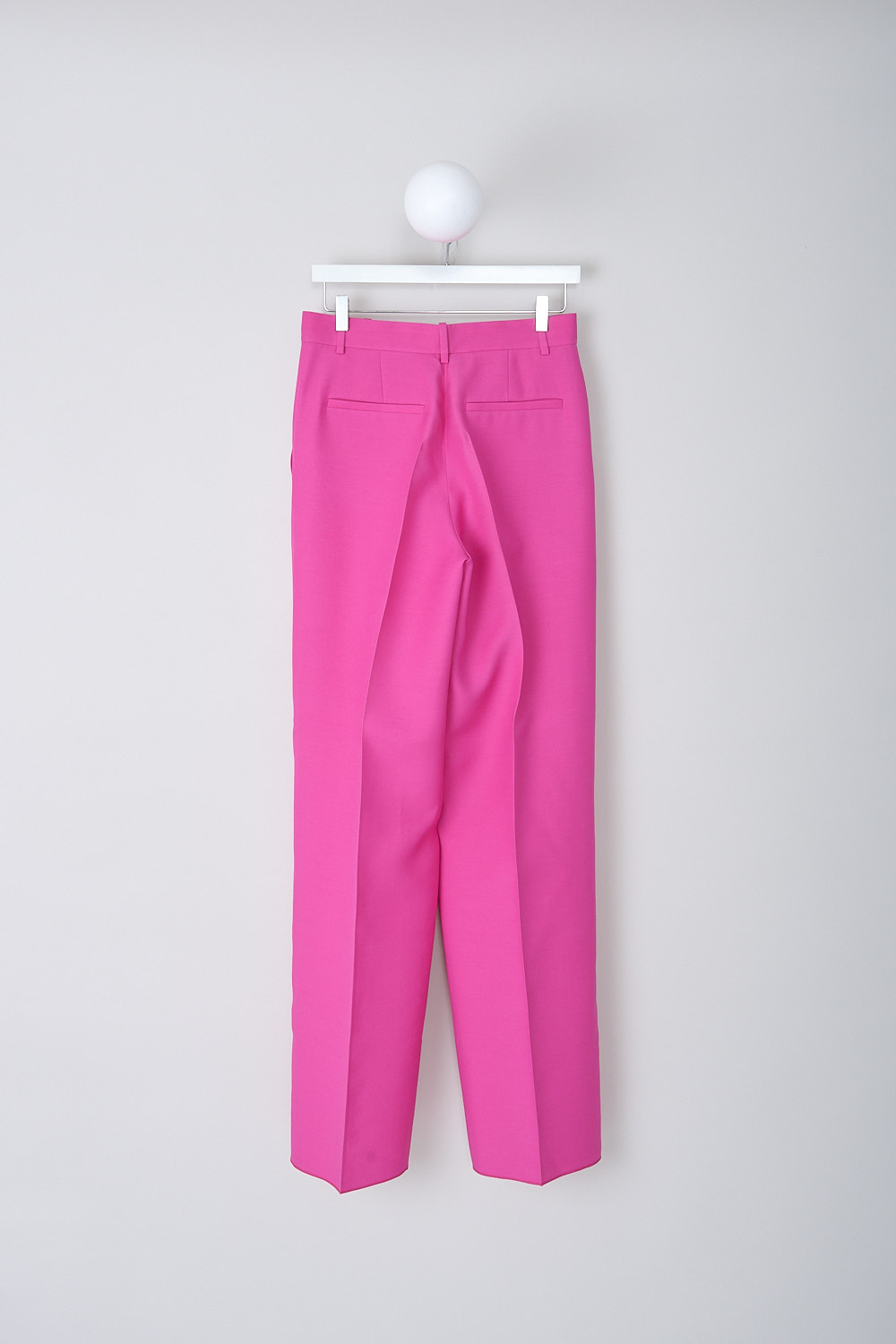 VALENTINO, PINK PP CRÊPE COUTURE PANTS, 1B0RB3Z51CF_UWT, Pink, Back, These Pink PP high-waisted crêpe couture pants have a narrow waistband with belt loops. A concealed claps and zip function as the closure. Decorative pleats can be found on the front. The wide pant legs have an extra long length with pressed creases along the front and back. These pants have slanted pockets in the front and welt pockets in the back.
