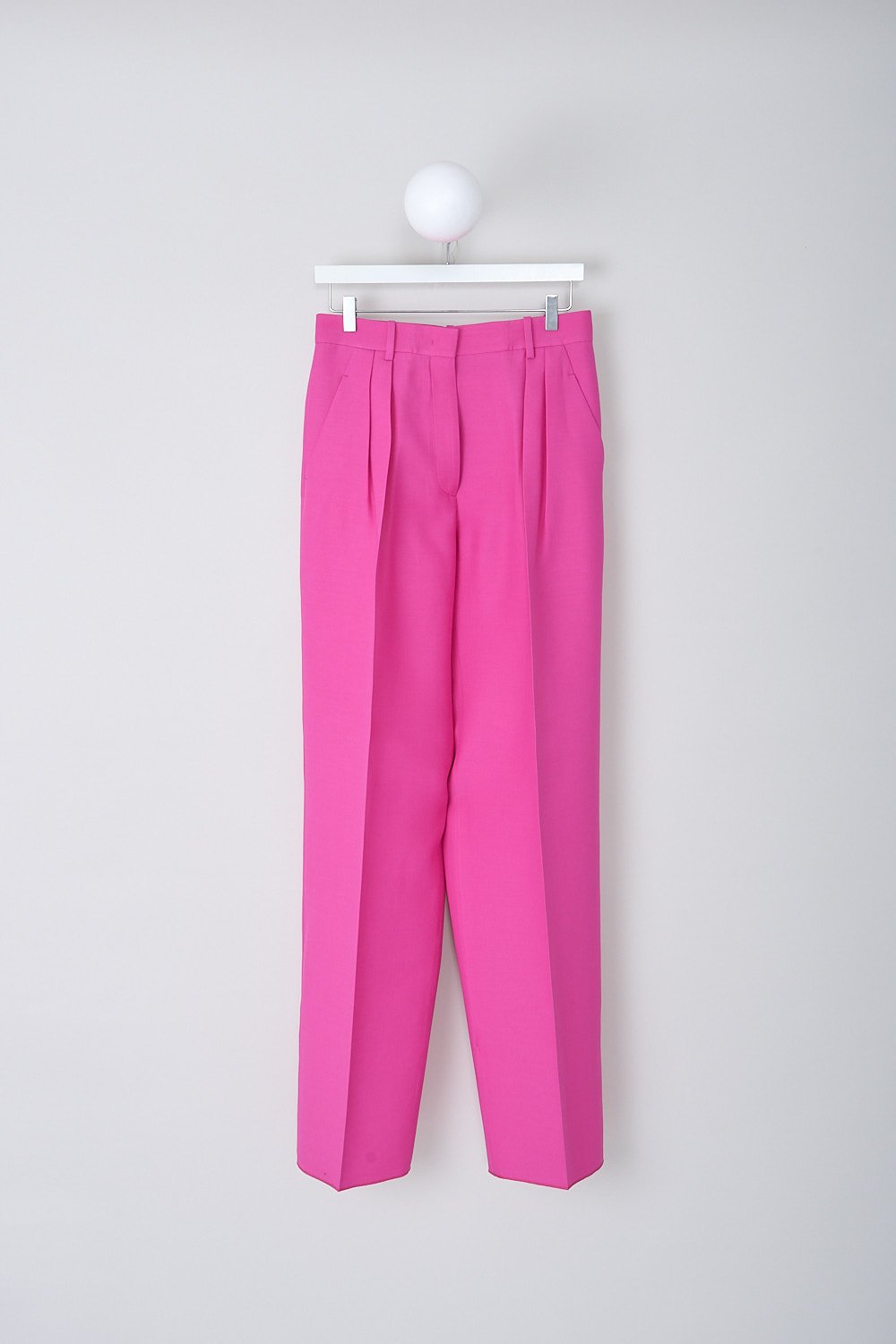 VALENTINO, PINK PP CRÊPE COUTURE PANTS, 1B0RB3Z51CF_UWT, Pink, Front, These Pink PP high-waisted crêpe couture pants have a narrow waistband with belt loops. A concealed claps and zip function as the closure. Decorative pleats can be found on the front. The wide pant legs have an extra long length with pressed creases along the front and back. These pants have slanted pockets in the front and welt pockets in the back.
