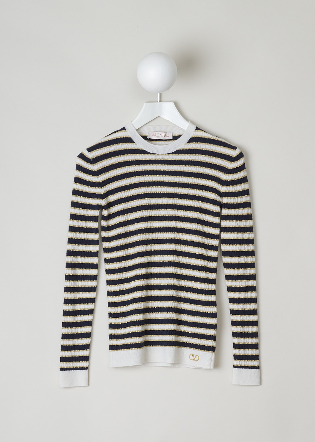 VALENTINO, HORIZONTALLY STRIPED LONG SLEEVE TOP, 1B3KC37I7EB_7CL, White, Print, Gold, Front, This skin tight ribbed sweater has a horizontally striped motif with blue, white and gold. The sweater has a round neckline in white. Both the cuffs and hemline are also white. The brand's signature V is embroidered on the hemline in gold.
