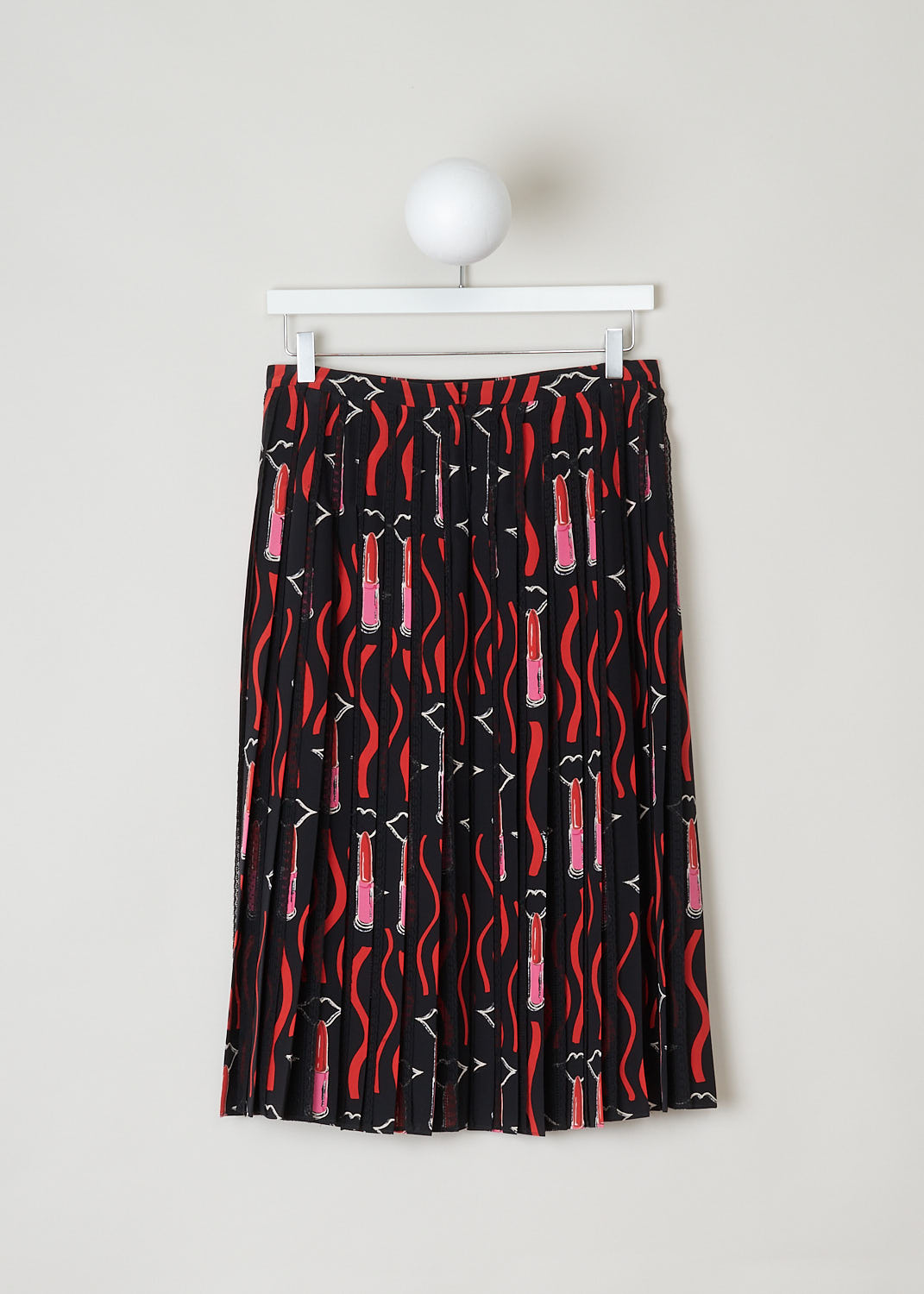 VALENTINO, MULTICOLORED PLEATED SKIRT, PB3RA3G53NV_0D4, Black, Red, Print, Back, Beautifully pleated skirt with multicolored lipstick print. The pleats are decorated with scalloped eyelash trims. The skirt comes with a concealed snap button closure in the back. The skirt is fully lined. 