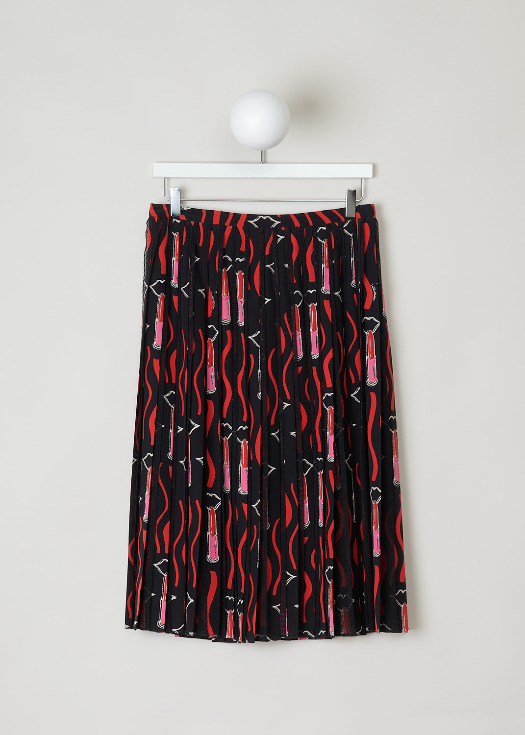 VALENTINO, MULTICOLORED PLEATED SKIRT, PB3RA3G53NV_0D4, Black, Red, Print, Front, Beautifully pleated skirt with multicolored lipstick print. The pleats are decorated with scalloped eyelash trims. The skirt comes with a concealed snap button closure in the back. The skirt is fully lined. 