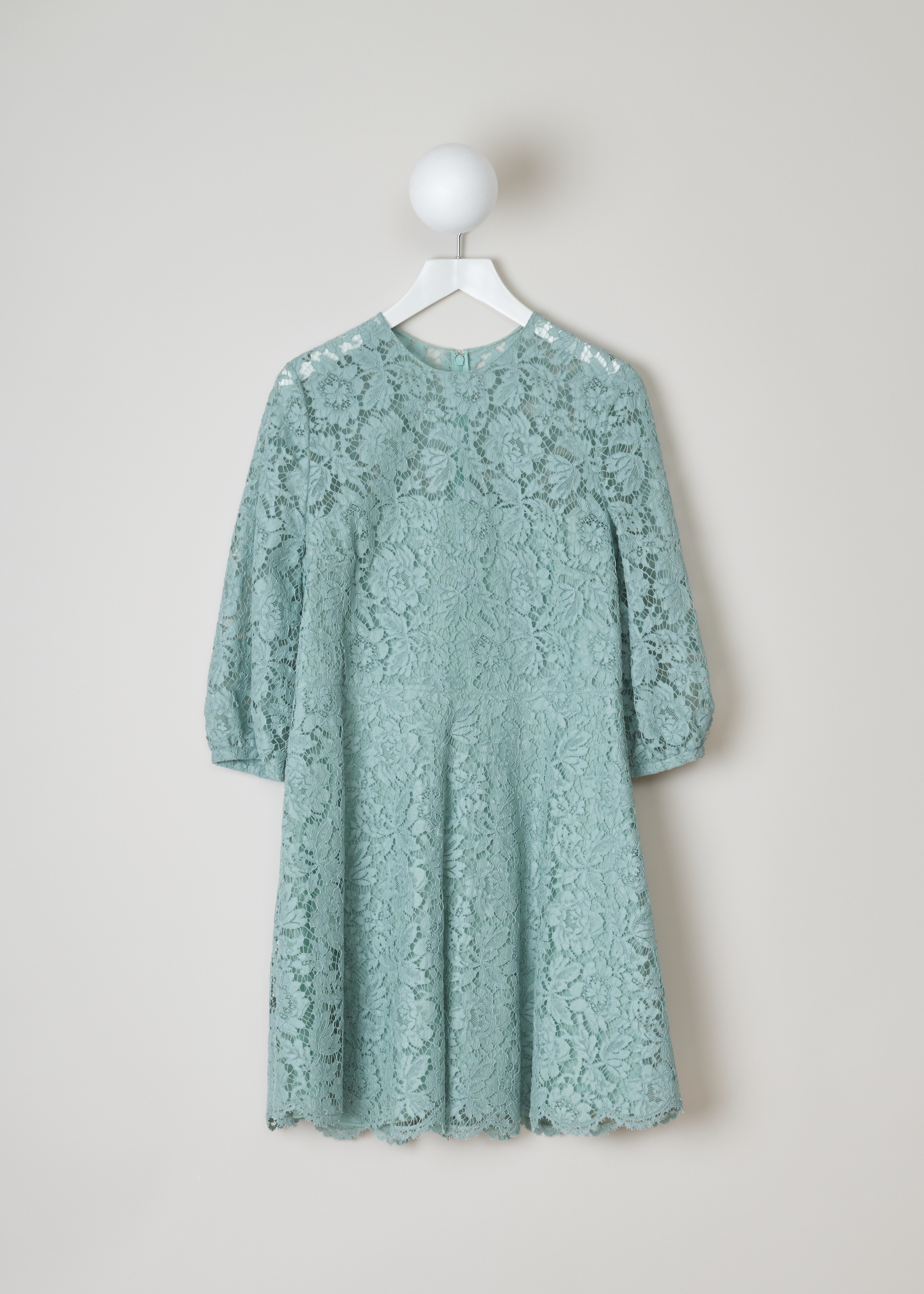 Valentino pastel green long sleeve lace dress RB0VALH71EC_5W0 light blue front. Pastel green dress in cotton lace, bishop sleeves, a fitted bodice with a close-fit neckline, an a-line skirt, scalloped hems and an invisible zip fastening on the back.