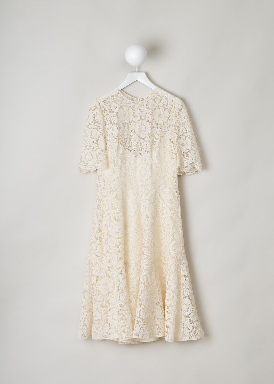 VALENTINO, WHITE LACE MIDI DRESS, SB0VAPH01EC_A03, White, Front, This white midi dress has a fitted short sleeve bodice with a round neckline. A straight seam runs along the waist. The flared A-line skirt has a straight hems. An invisible zip in the back functions as the closure option. The dress is lined with a light colored tulle and has a slip dress sewn in.
