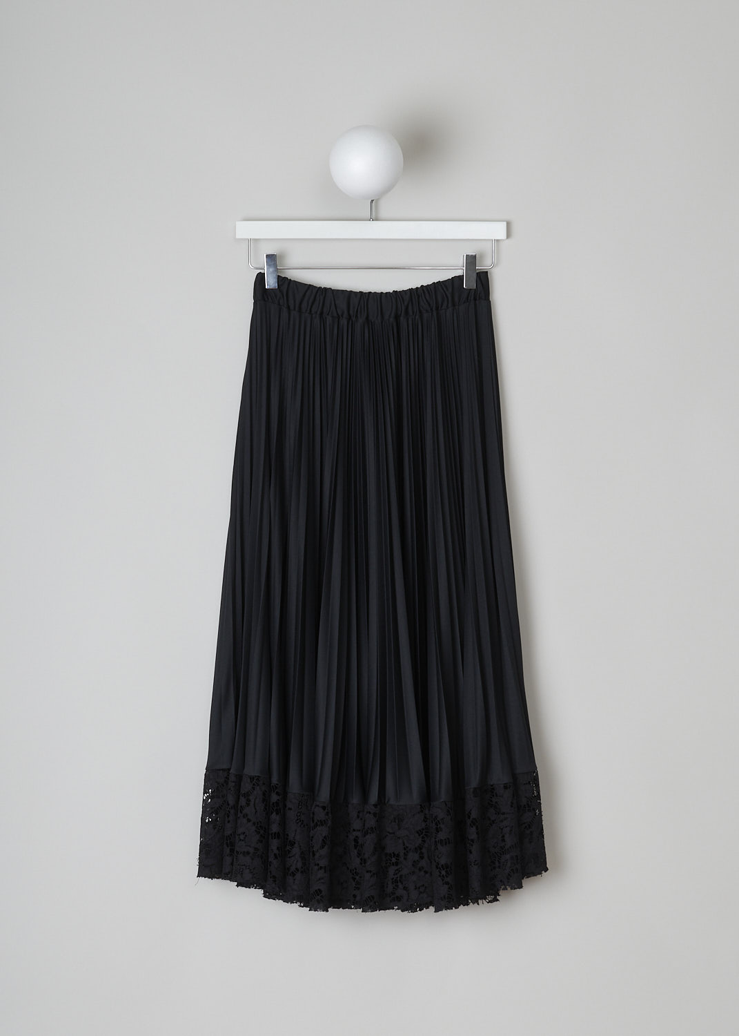 VALENTINO, BLACK PLEATED SKIRT WITH LACE TRIM, TB3MD01H575_0N0, Black, Back, This black pleated skirt has a partly elasticated waistband with the brand's logo on it to one side. The skirt has a below-the-knee length. The straight hemline has a broad black lace trim.   
