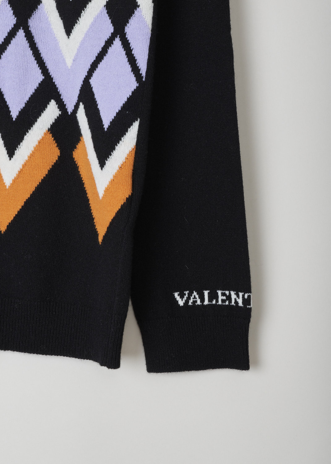 Valentino, Multi-coloured argyle pattern sweater, UB3KC15S5N8_K92, black white orange, detail, A black sweater, colored white on the front which is decorated with a lovely multi-colored argyle patter. Featuring a v-shaped neckline and long sleeves.