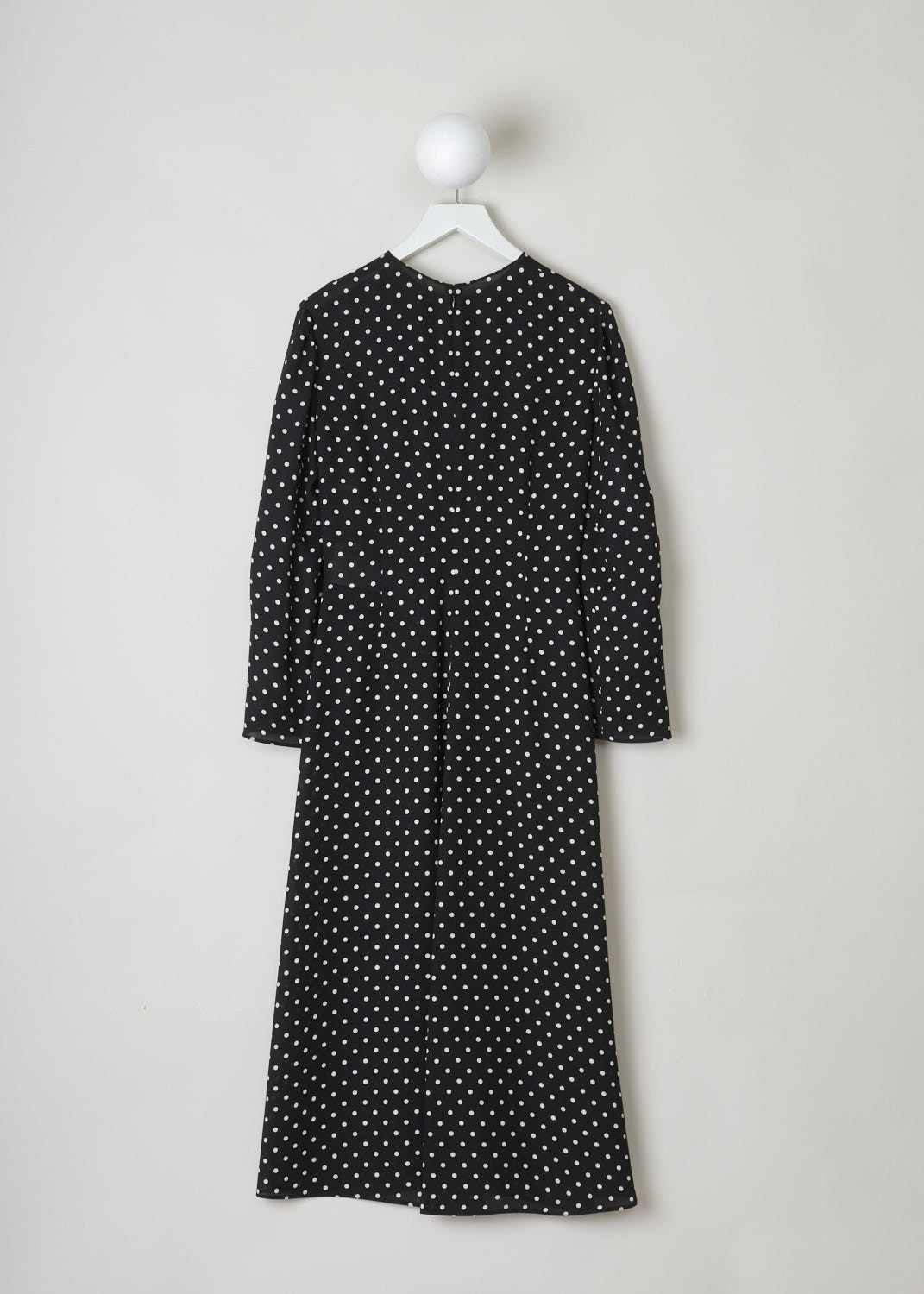 VALENTINO, SILK POLKA DOT MIDI DRESS, UB3VASO65LN_0NA, Black, Print, Back, Beautiful silk dress in a classic black and white polka dot print. This dress has a high, rounded neckline and long sleeves. A concealed zipper can be found on the back. What makes this dress stand out, is the elegant knotted detail across the front. 
