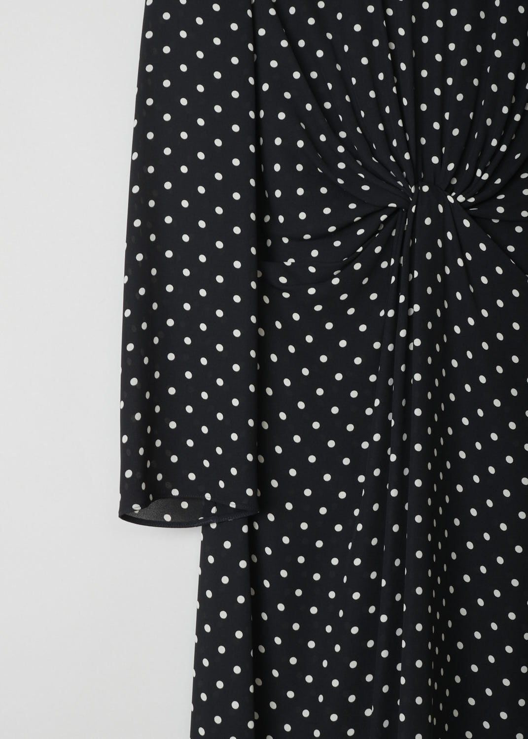 VALENTINO, SILK POLKA DOT MIDI DRESS, UB3VASO65LN_0NA, Black, Print, Detail 1, Beautiful silk dress in a classic black and white polka dot print. This dress has a high, rounded neckline and long sleeves. A concealed zipper can be found on the back. What makes this dress stand out, is the elegant knotted detail across the front. 
