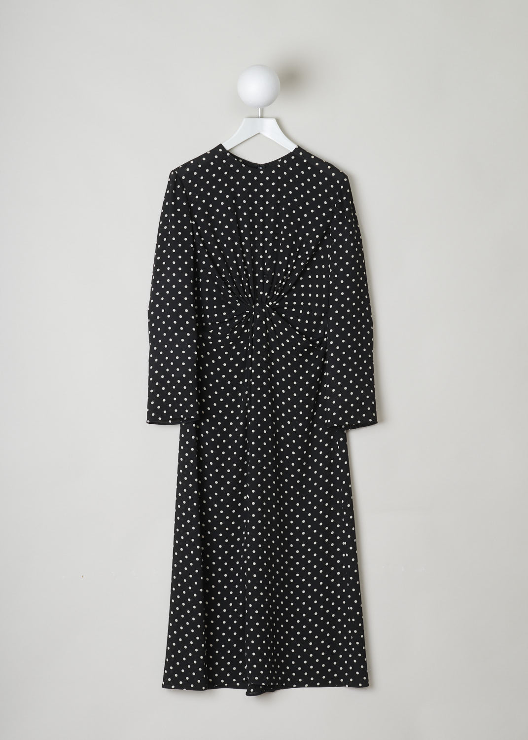 VALENTINO, SILK POLKA DOT MIDI DRESS, UB3VASO65LN_0NA, Black, Print, Front, Beautiful silk dress in a classic black and white polka dot print. This dress has a high, rounded neckline and long sleeves. A concealed zipper can be found on the back. What makes this dress stand out, is the elegant knotted detail across the front. 

