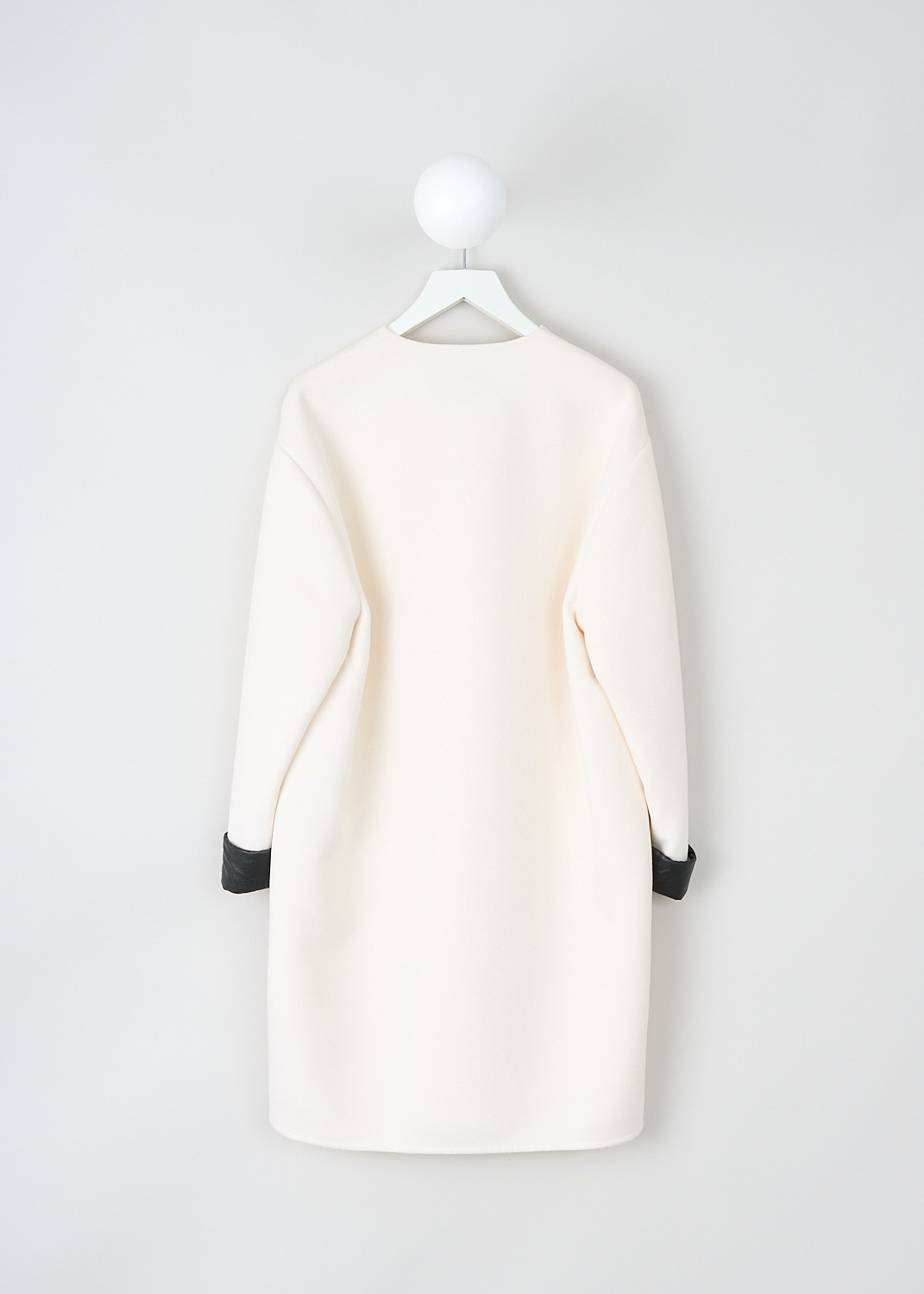 Valentino, White coat with black leather cuffs, WB3CA5W315E_A03, White, Back, This white wool coat has a round neckline with a concealed hook-and-eye closure. The coat has concealed slanted pockets. The long sleeves have contrasting black leather cuffs. 
