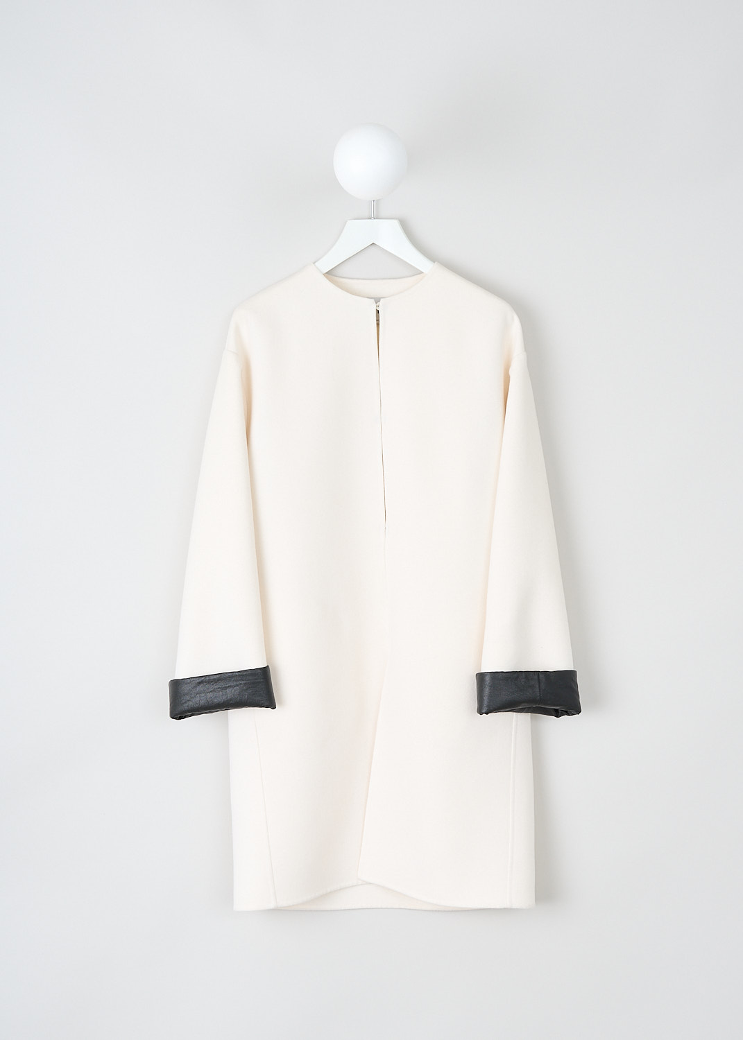 Valentino, White coat with black leather cuffs, WB3CA5W315E_A03, White, Front, This white wool coat has a round neckline with a concealed hook-and-eye closure. The coat has concealed slanted pockets. The long sleeves have contrasting black leather cuffs. 
