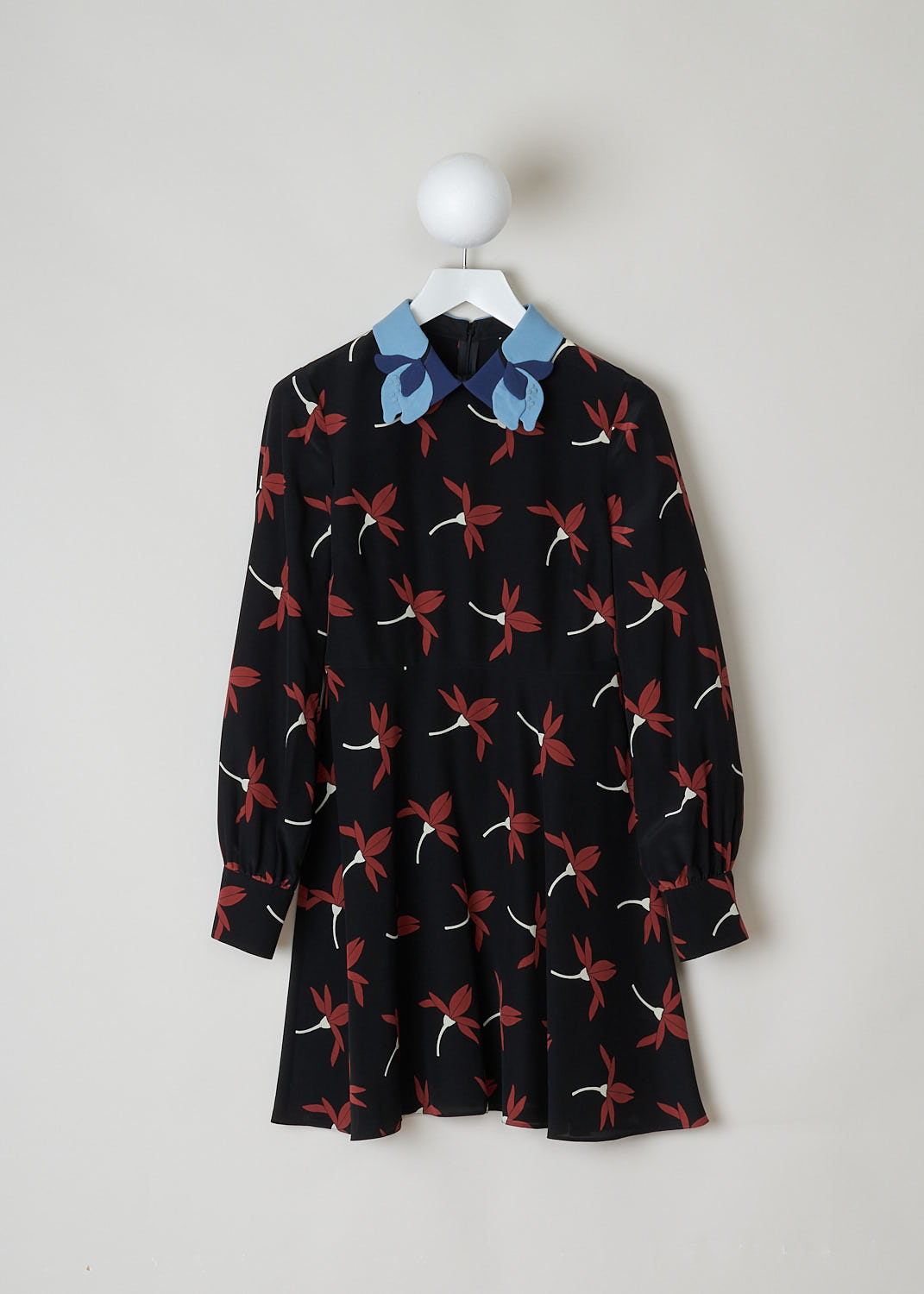 VALENTINO, BLACK PRINTED DRESS WITH BLUE FLORAL COLLAR, XB3VAXZ96UN_K92, Print, Front, This black long sleeve dress has a red and white flower print. Noteworthy is the contrasting blue floral collar. In the back, a concealed centre zipper can be found. 
