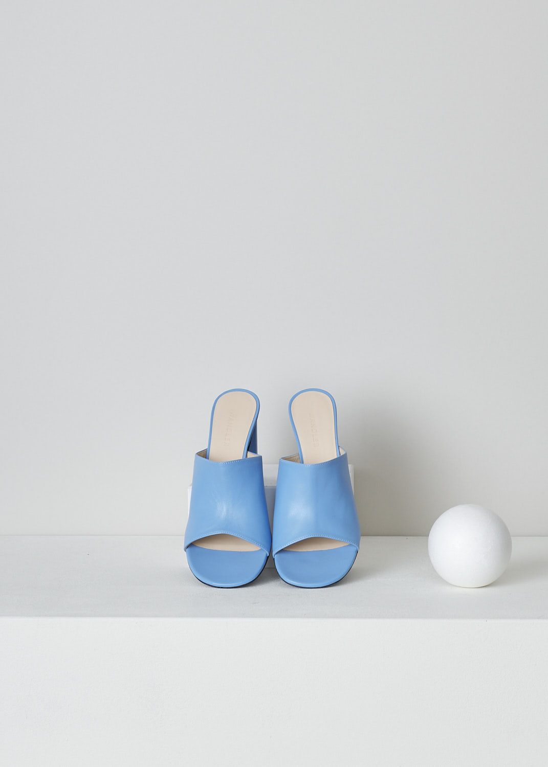 WANDLER, ANNE MULES IN AIR, 22202_721204_2801, Blue, Top, These light blue leather slip-on sandals have a broad strap across the vamp, a rounded open toe and a rectangular block heel.
  
