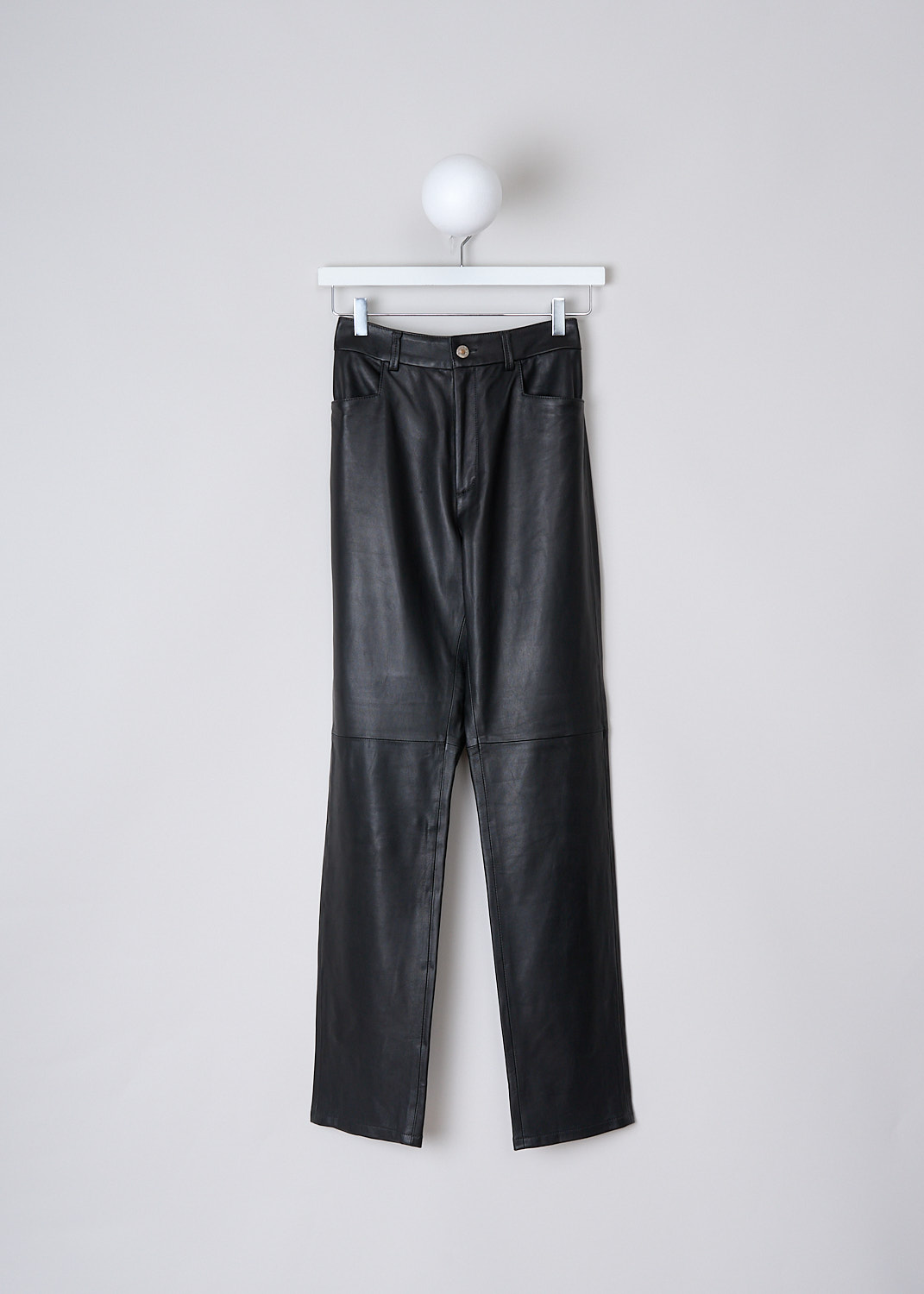 WANDLER, CARNATION LONG BLACK LEATHER PANTS, 22306_100301_3200_CARNATION_LONG_BLACK, Black, Front, These black leather Carnation Long pants have a waistband with belt loops and a button and zip closure. The pants have a high-waisted fit with tapered pant legs. A decorative horizontal seam can be found below the knee. These pants have slanted pockets in the front and patch pockets in the back. 
