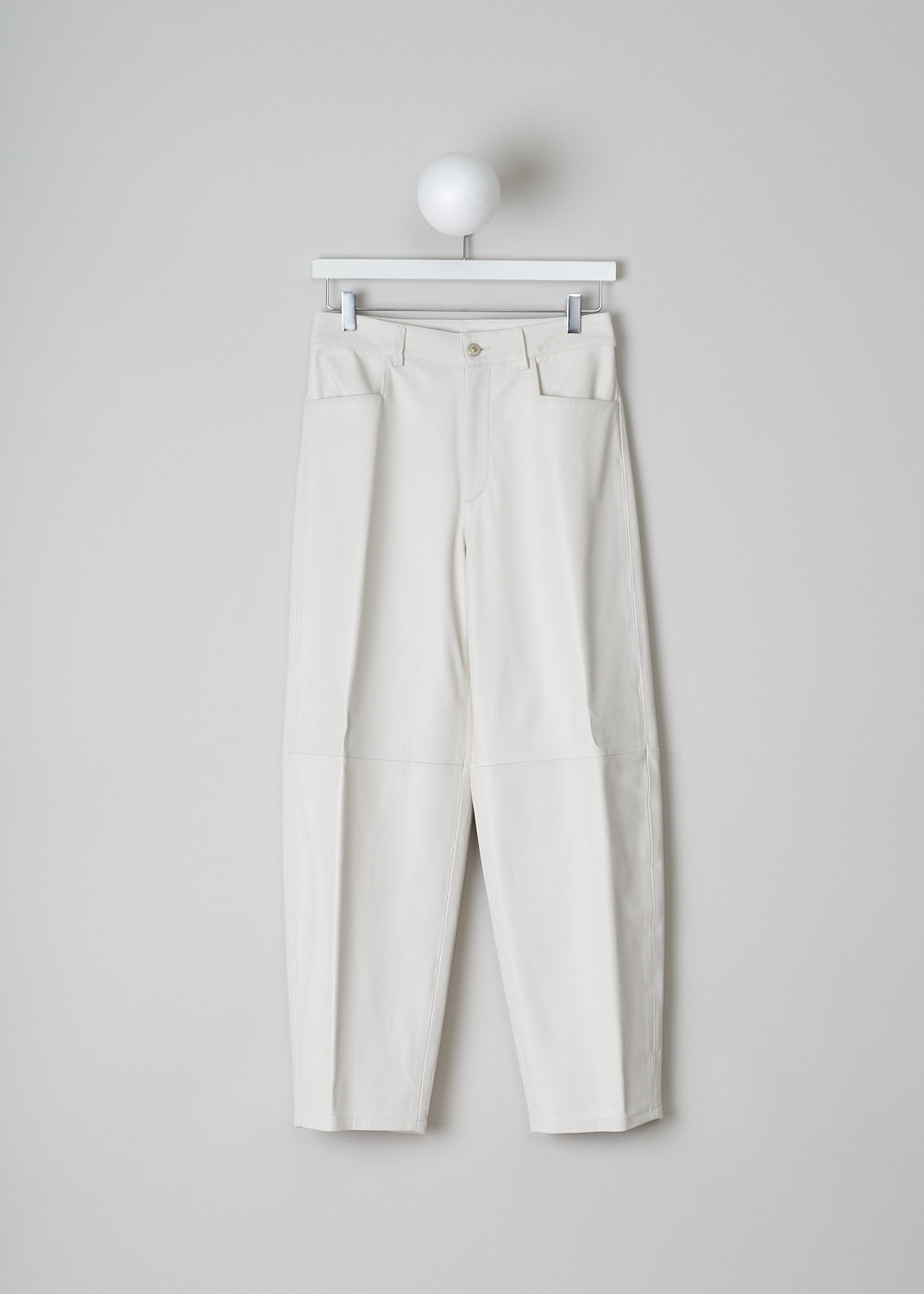 WANDLER, CHAMOMILE LILY PANTS, 22306_060301_1064_CHAMOMILE_LILY, White, Front, These white leather Chamomile Lily pants have a waistband with belt loops and a button and zip closure. The pants have a high-waisted fit. The balloon legs are cropped at the ankle. These pants have slanted pockets in the front and patch pockets in the back. 

