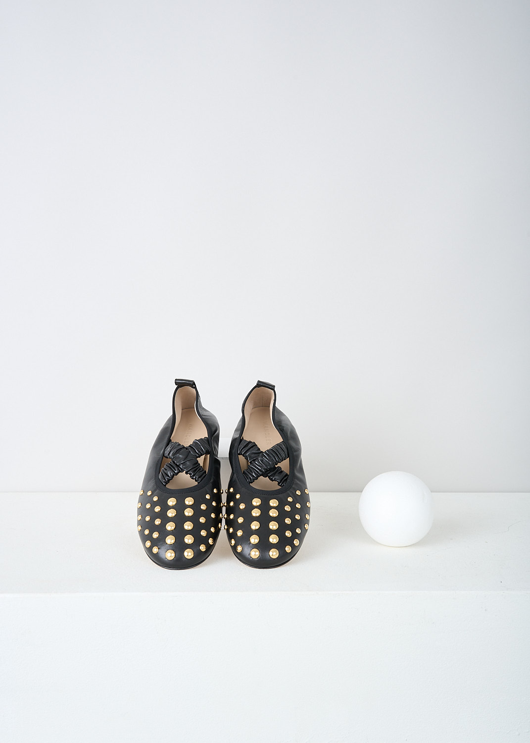 Wandler, Black June ballerina flats with studs, JUNE_BALLERINA_BLACK_STUDS_24202_000117_3224, Black, Top, These black June ballerina flats have an elasticated crossover-strap and a pull-tab at the heel. The round toe and the heel are decorated with gold-tone round studs. 

