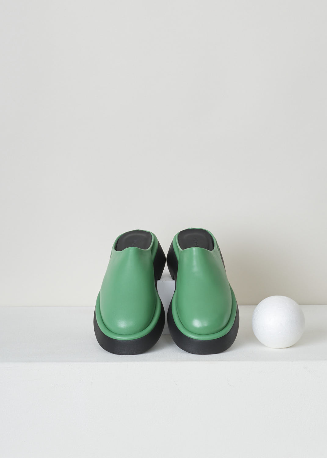 WANDLER, EMERALD GREEN SLIDES, ROSA_SLIDE_22202_741201_2687_EMERALD, Green, Top, These emerald green slip-on slides have a round toe section and flat thick, rubber sole. 
