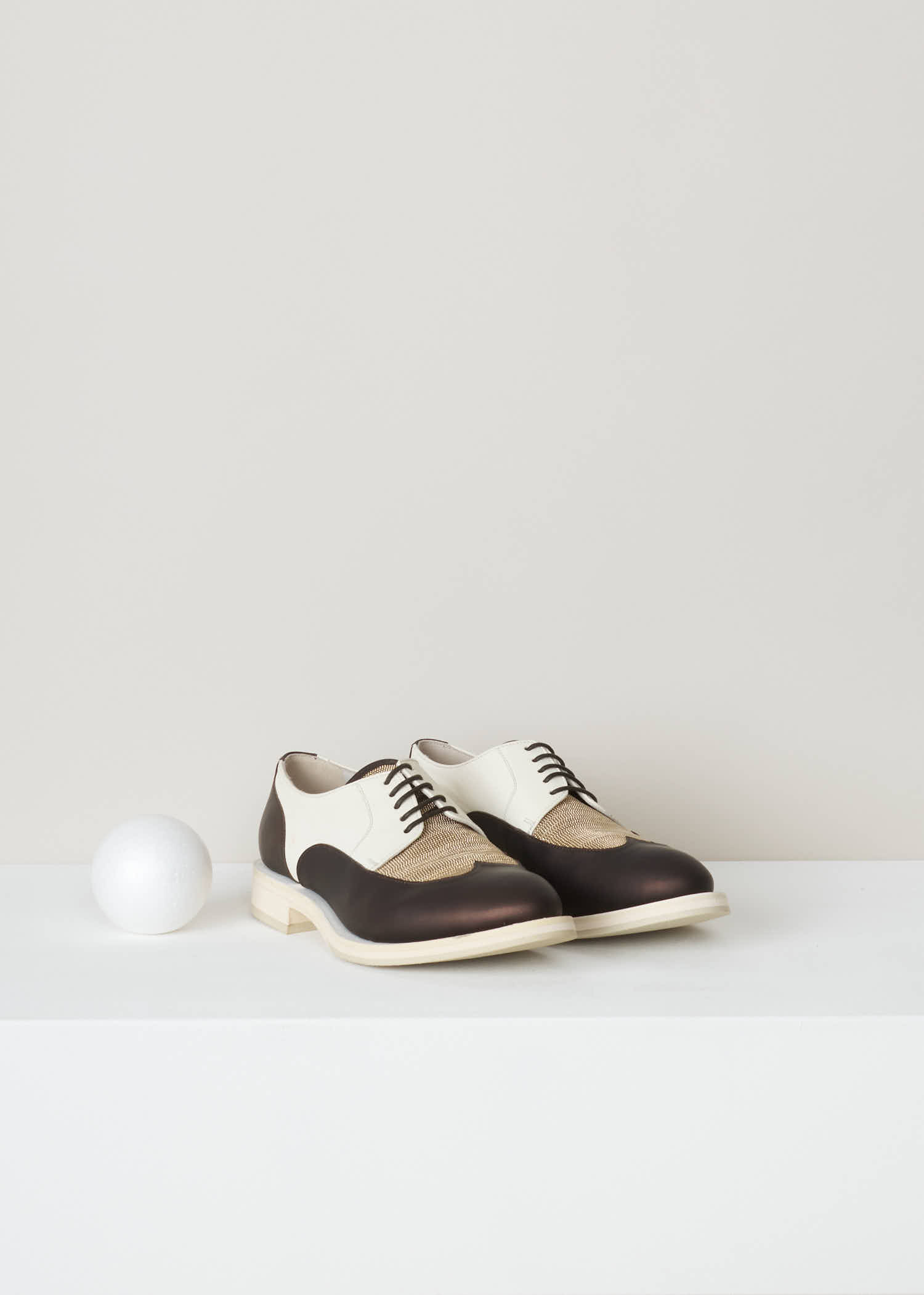 Brunello Cucinelli Leather lace-up shoes MZDRDG402_CC958 brown front. White and metallic brown leather derby shoe, with ultra-lightweight rubber sole and gold decorative beading.